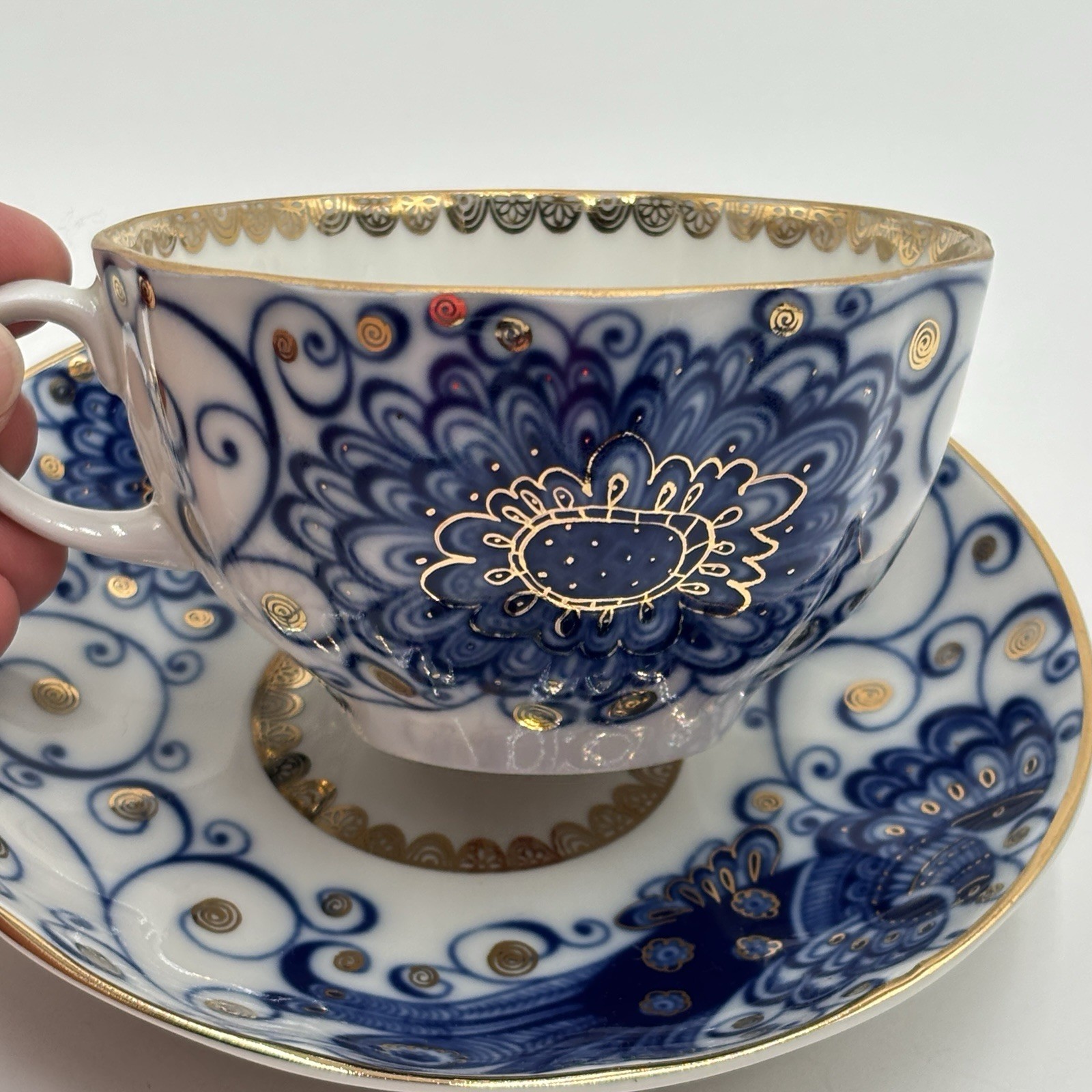 Lomonosov Imperial Porcelain Tea Cup & Saucer Magic Fire Bird Pattern 22K Gold