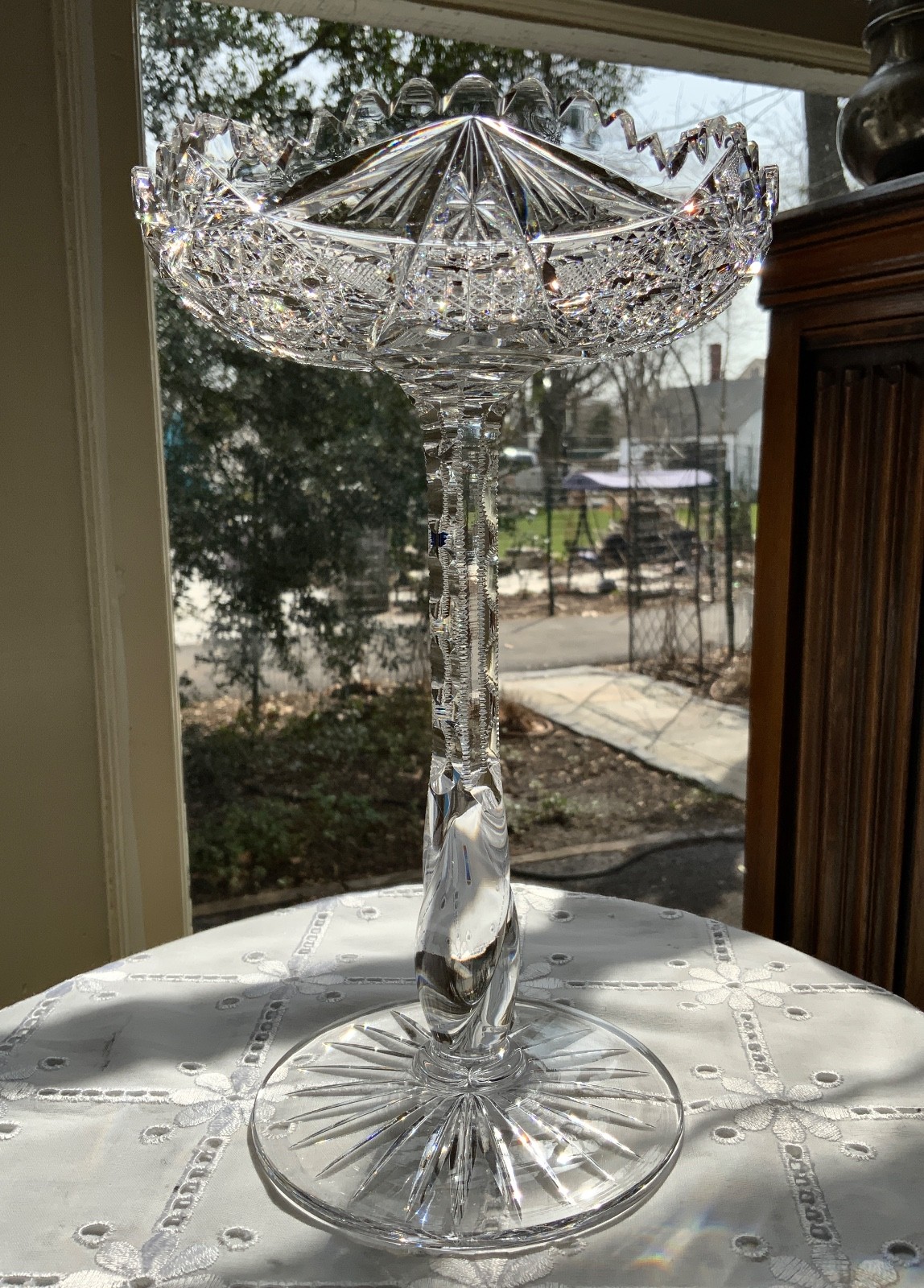 AMERICAN BRILLIANT CUT GLASS 10″ TWIST STEM COMPOTE / ATTRIB: LIBBEY C.1900-1910