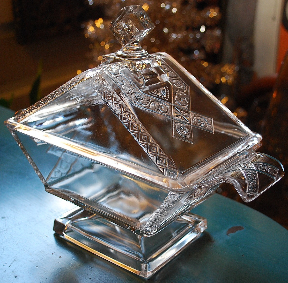 RARE Antique RIVERSIDE JERSEY LILY Pressed Glass FOOTED COMPOTE W LID 1883 10.5″