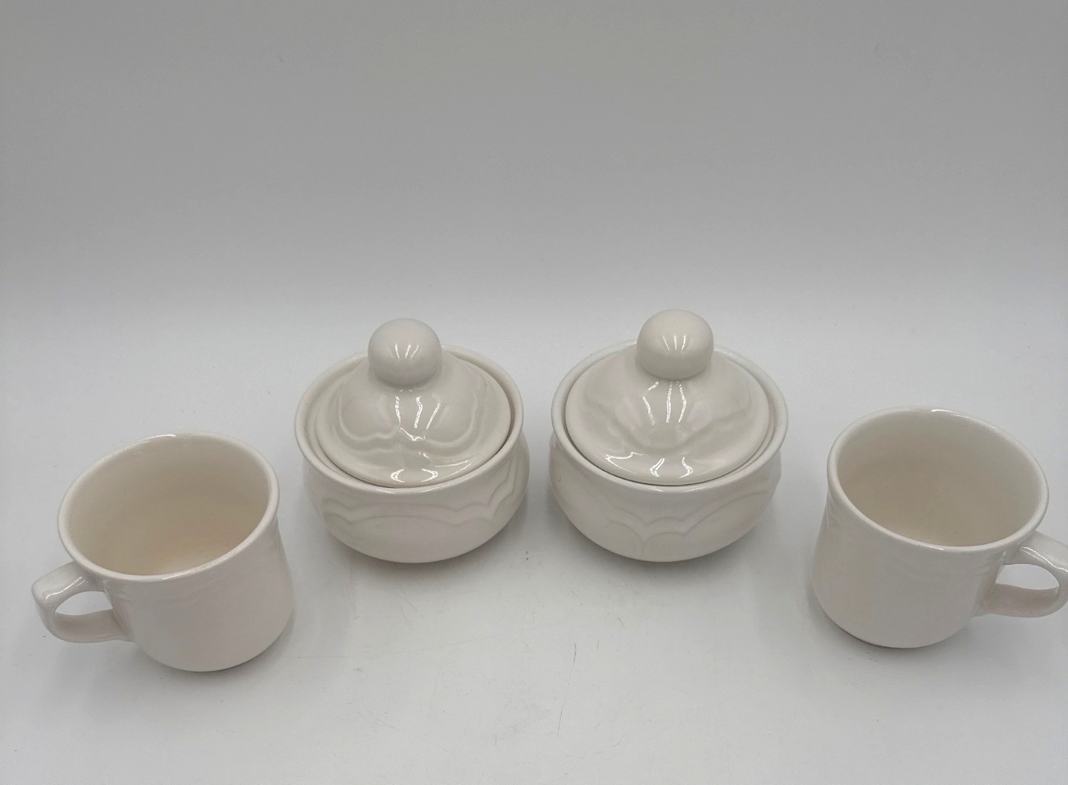 Vintage Set of Ceramic Lidded Condiment Bowls with 2 Coffee Cups Cottagecore