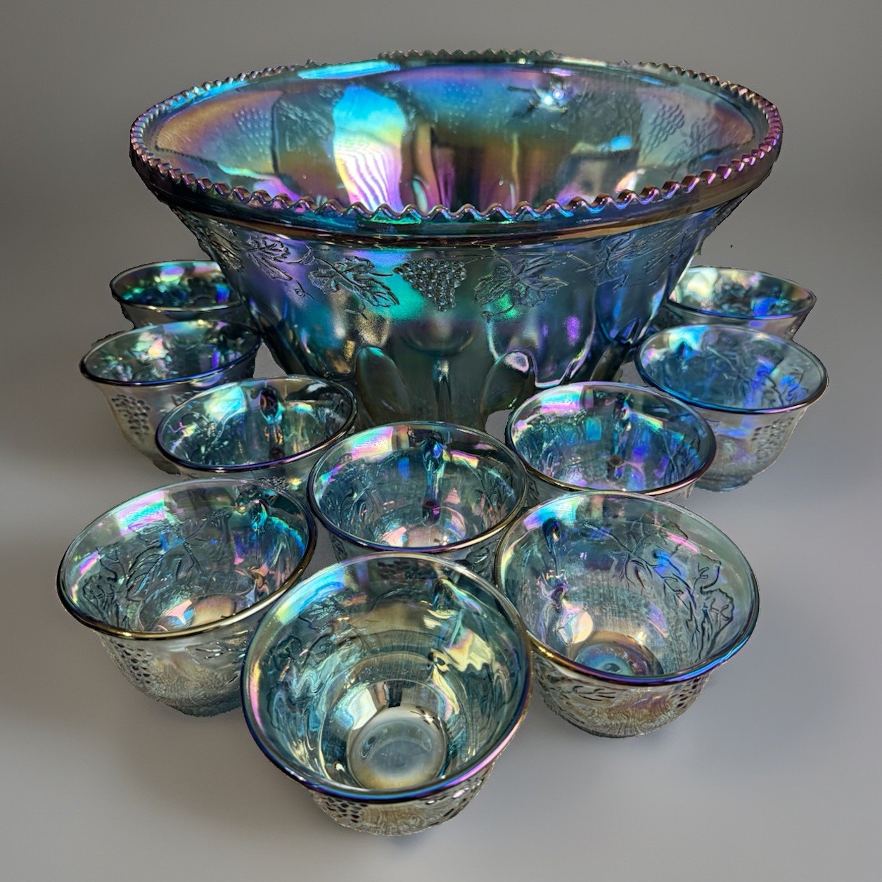 Indiana Glass Blue Carnival Glass Harvest Grape Punch Bowl Set w/ 12 Cups Used
