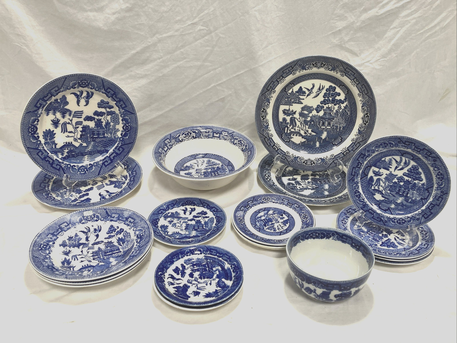 Mixed Blue Willow China Lot 19 Pcs Churchill England Japan Plates Bowls