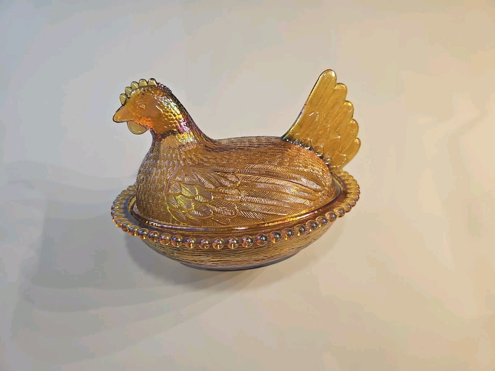 Vintage Indiana Golden Carnival Glass Hen on Nest Dish w/ Lid Oval Beaded Base