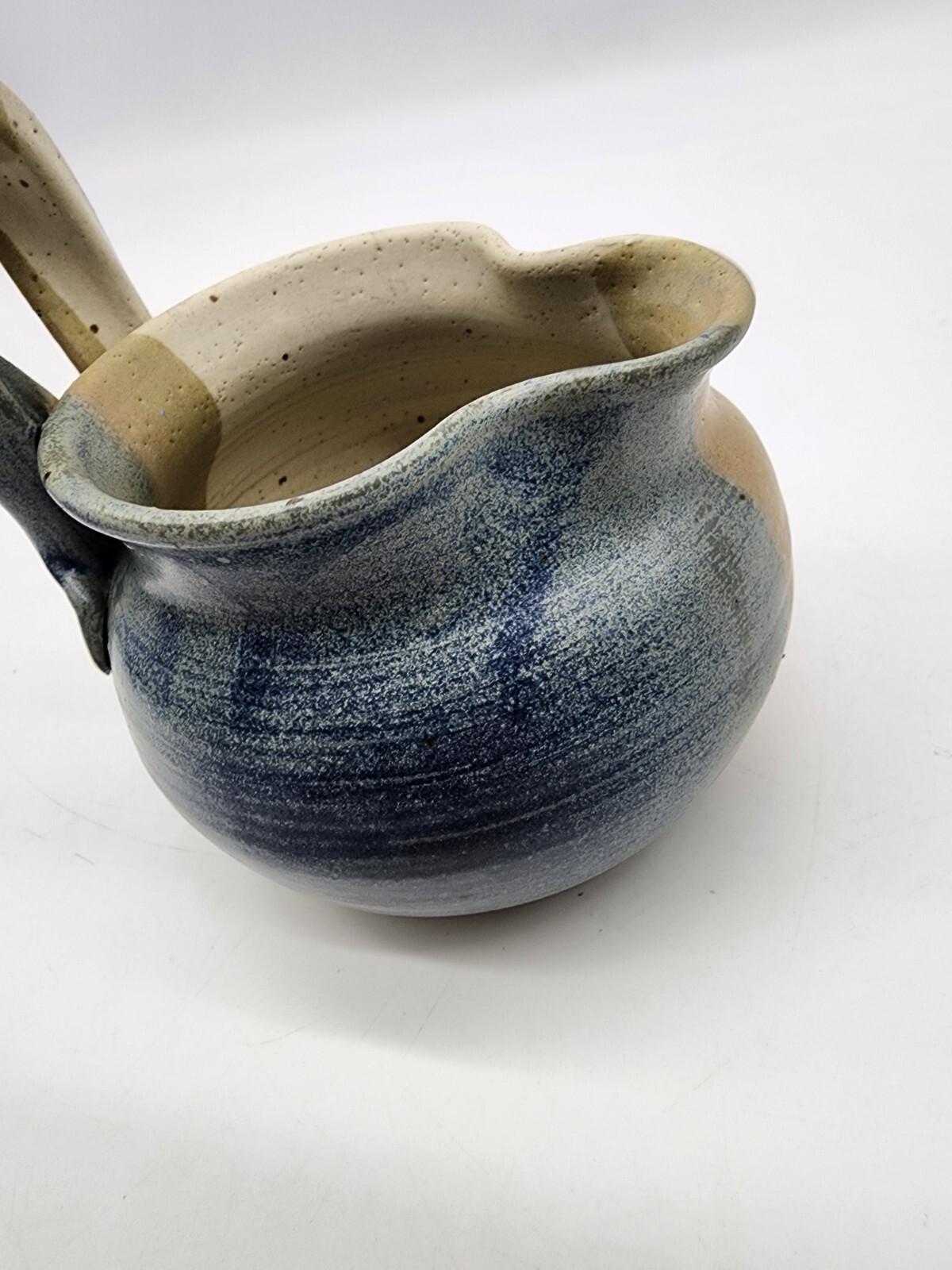 Art Pottery Small Pitcher creamer Signed Blue Tan white unique Shape