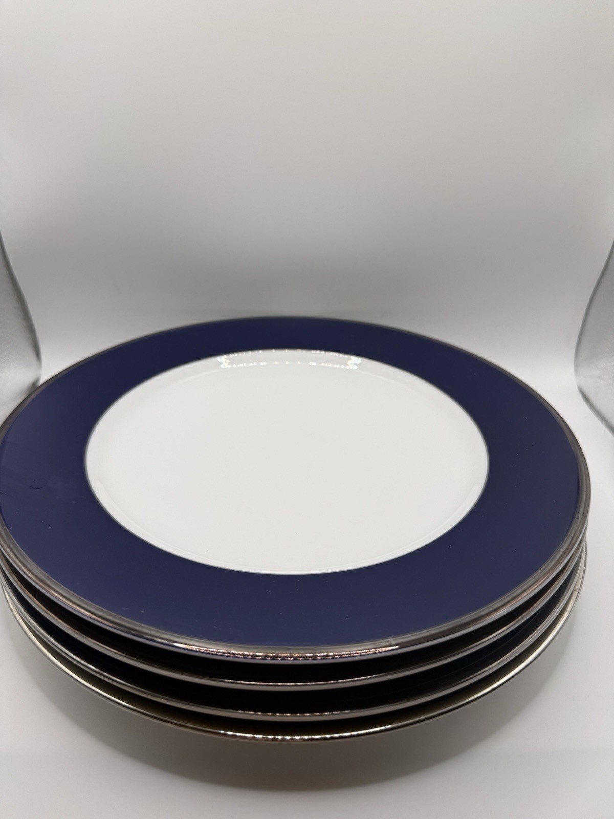 💙🩵 Crate & Barrel Platinum Cobalt Blue Dinner Plates Lot 3 Navy Silver White
