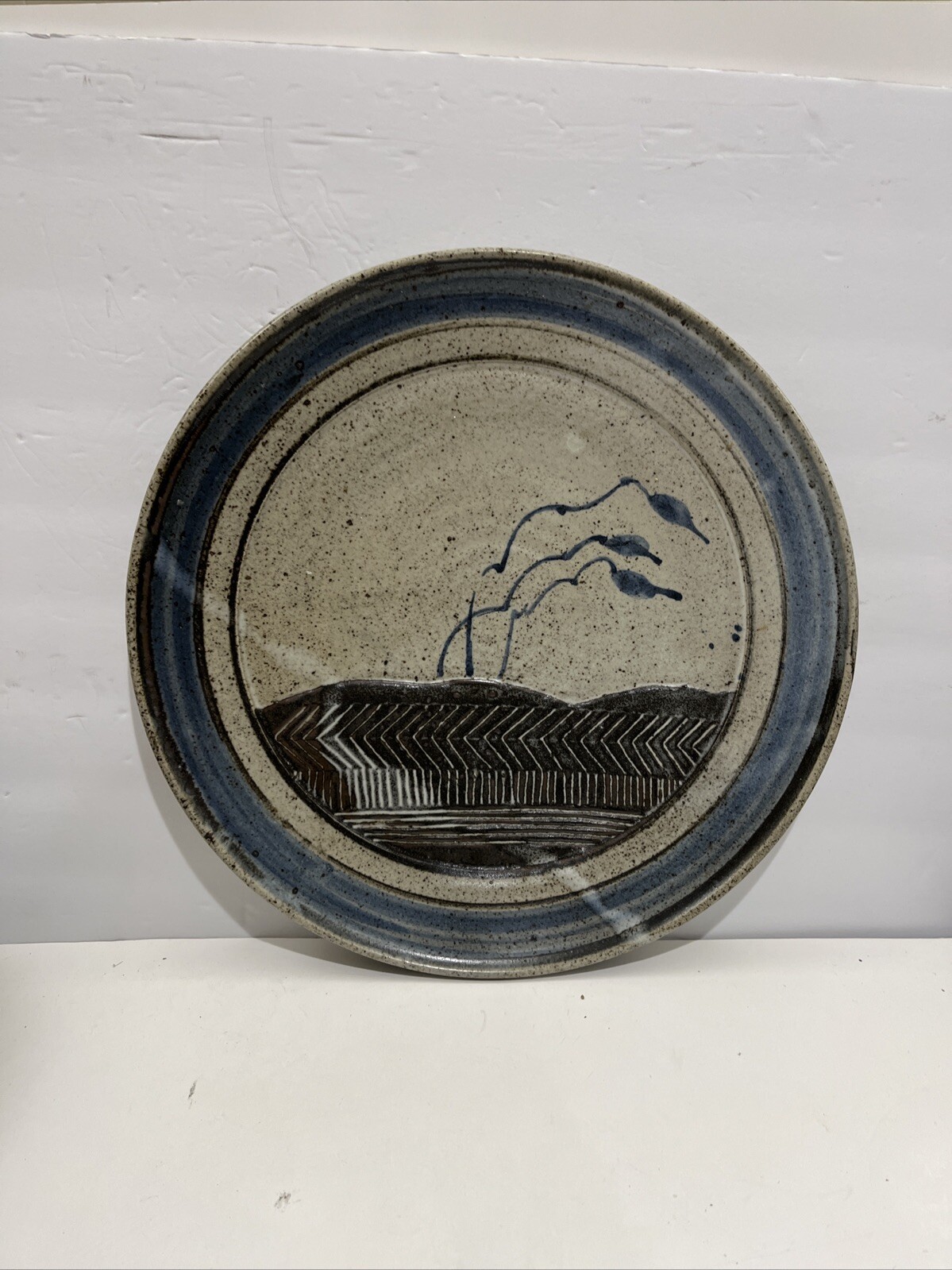 Vintage Studio Pottery UK Art Handmade Large Plate 15.5” Signed OH, HO