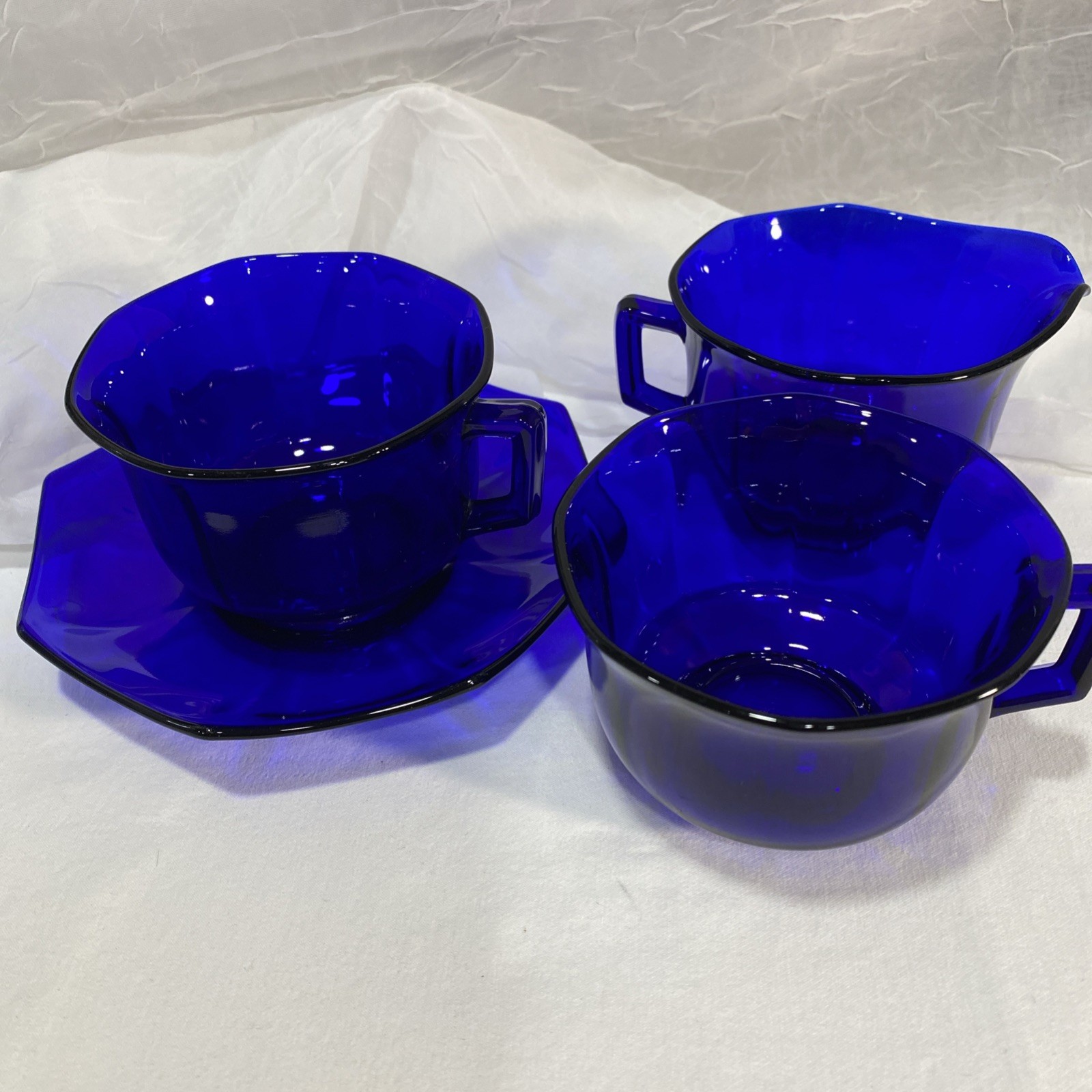 VTG Beautiful Cobalt Blue Cup And Saucer With Creamer Octagon Shape (Extra Cup)