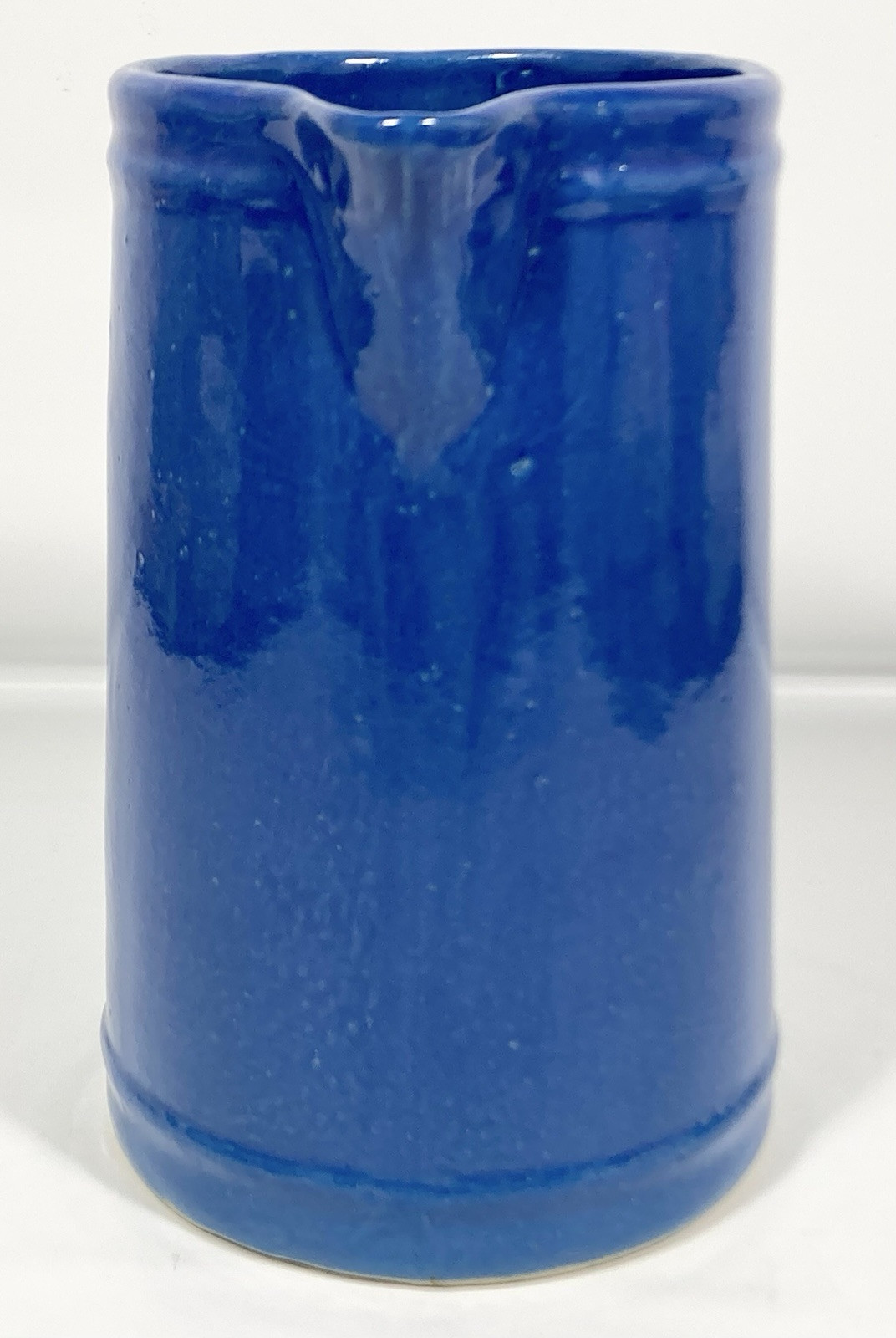 Vtg Antique Cobalt Blue Yellow Ware Stoneware PITCHER Vase 2 Qt. 8 3/4″ Tall EX