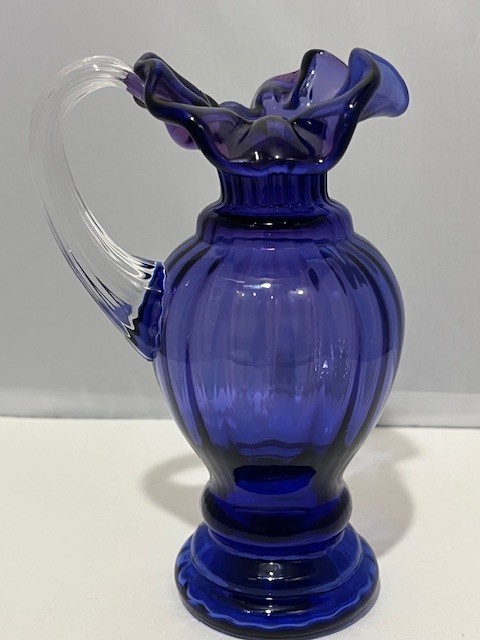VTG 6″ Fenton Royal Blue Purple signed Small Pitcher Ruffled Edge-ridged Handle