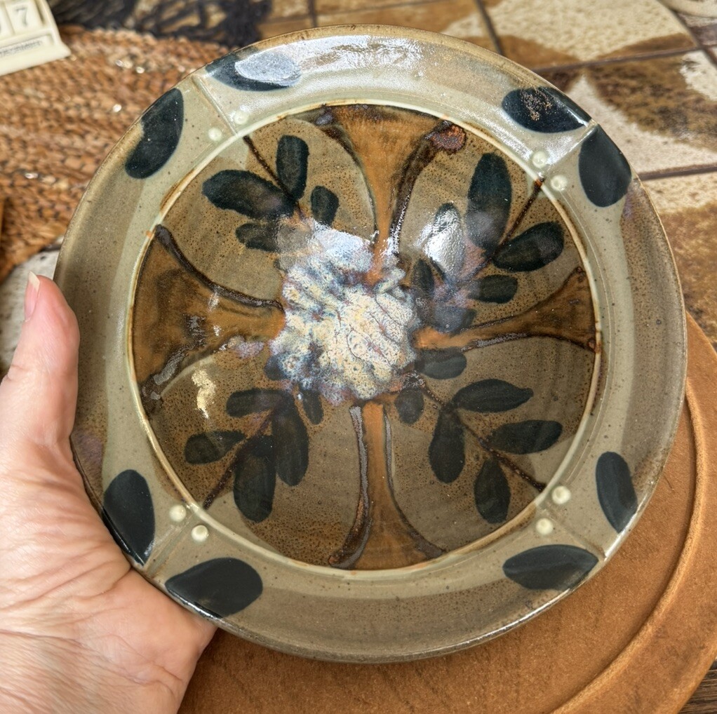 Studio Pottery Bowl Glaze Pinch On 4 Sides Handmade 8.25”D