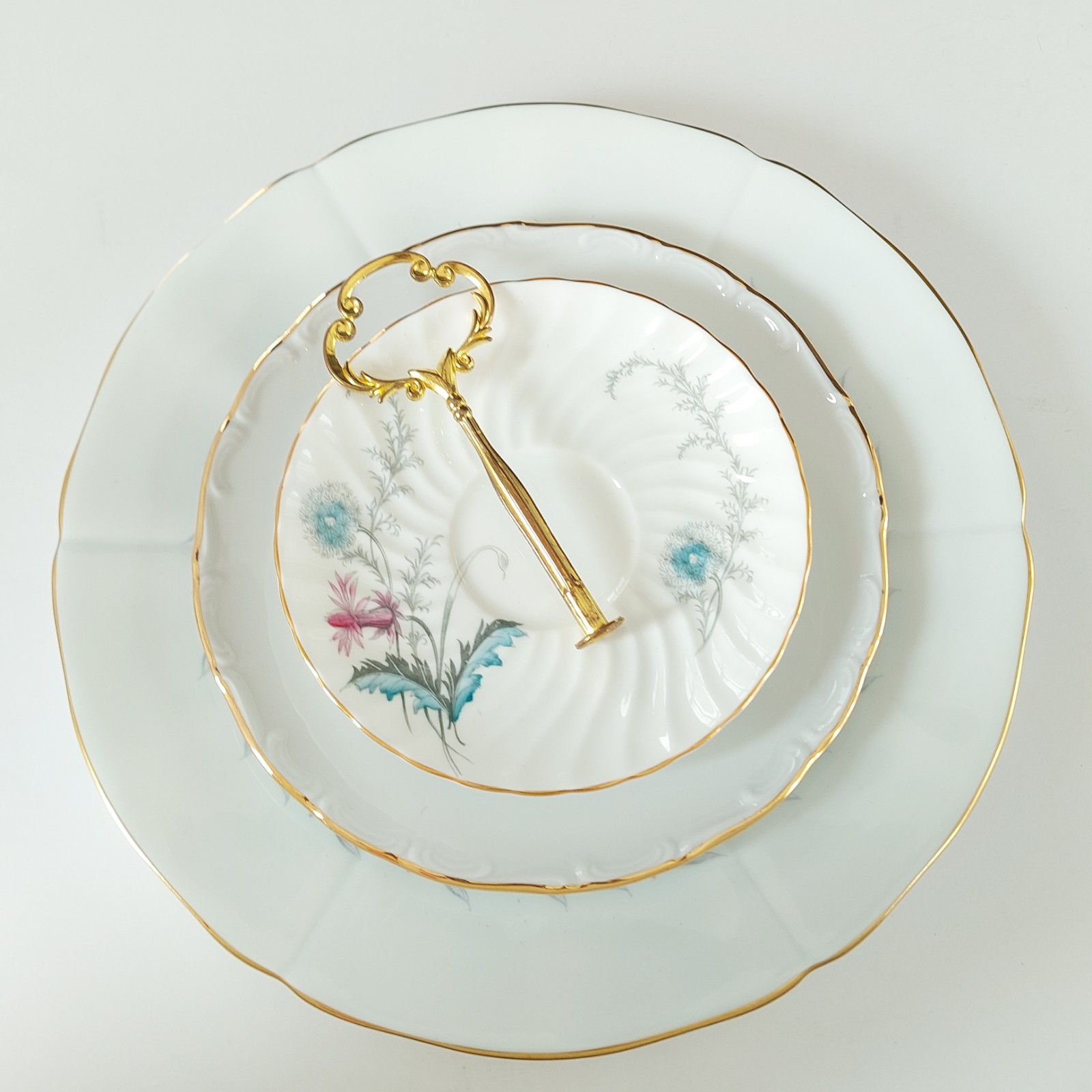 Vintage 3 Tier Cake Stand Bone China Porcelain Bluebird Floral Afternoon Tea
