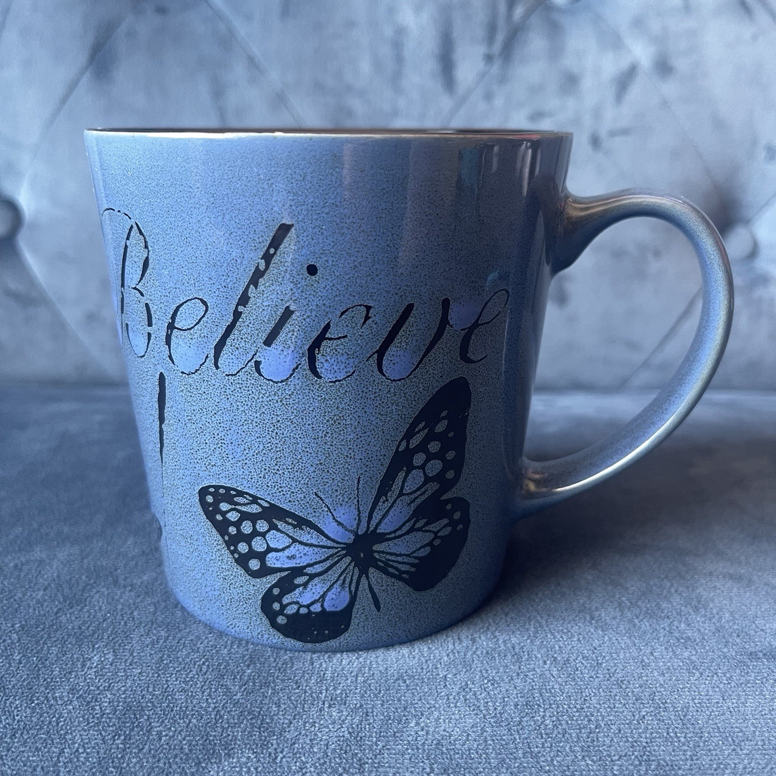 Pfaltzgraff Coffee Mug BELIEVE Tea Cup Blue Butterfly Large 16 Oz 4.25 X 4”