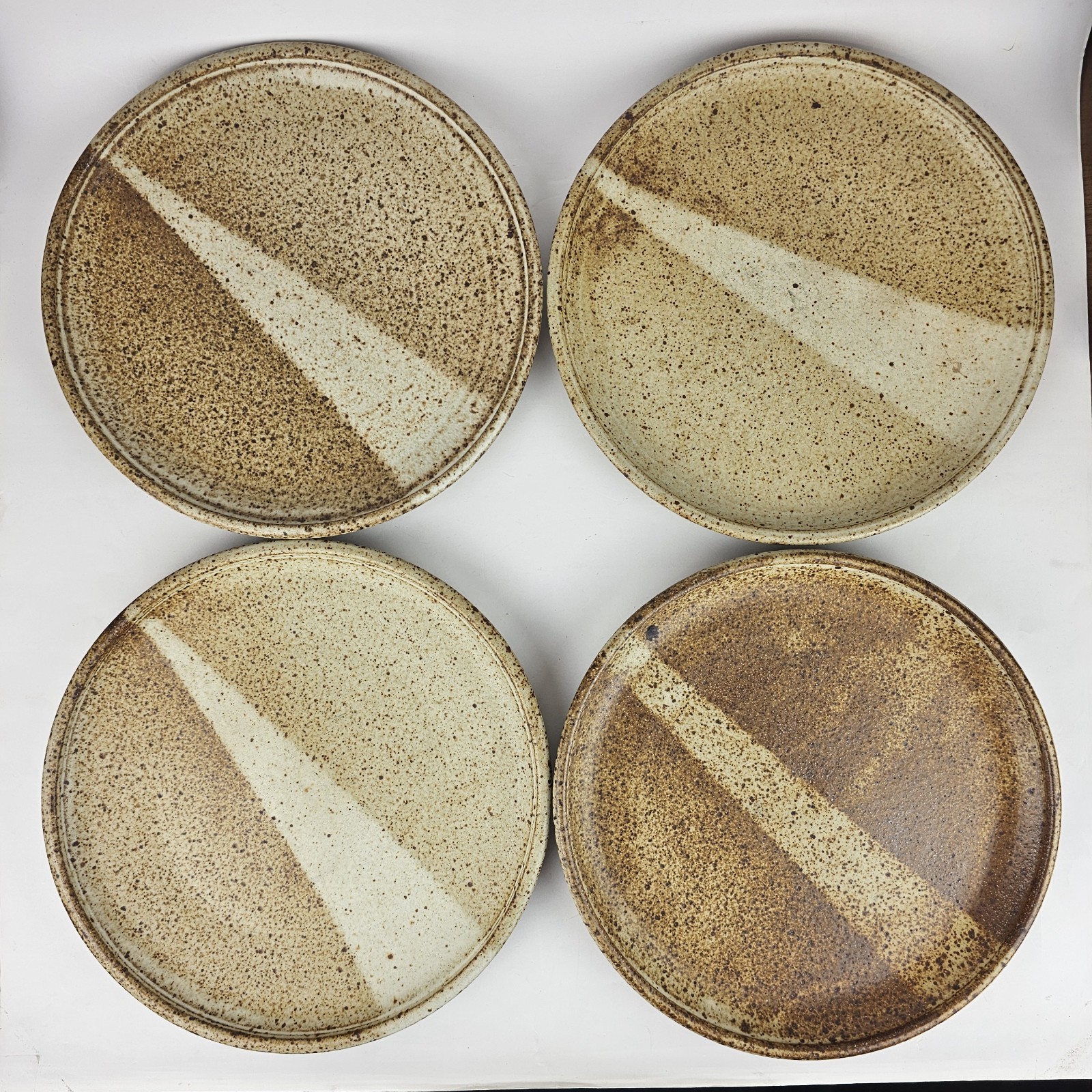 Signed Studio Pottery Abstract Minimalist Glaze Stoneware Dinner Plate Set of 4