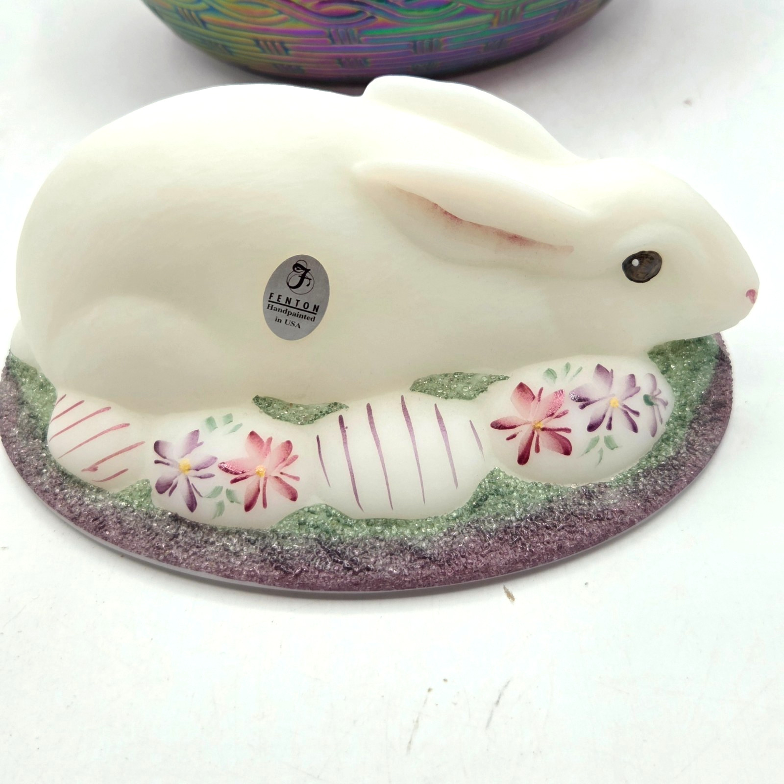 FENTON COVERED EASTER BUNNY DISH Irridescent Nest HAND PAINTED SIGNED by ARTIST