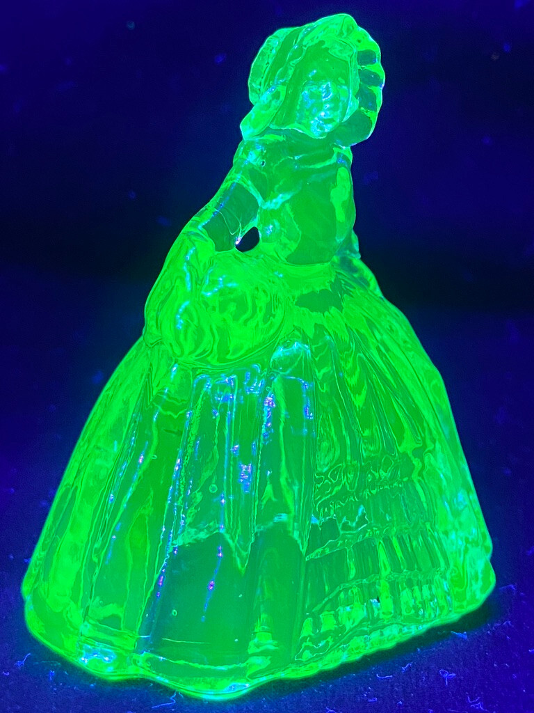 Green Vaseline uranium glass girl doll candy container woman Elizabeth Blue glow