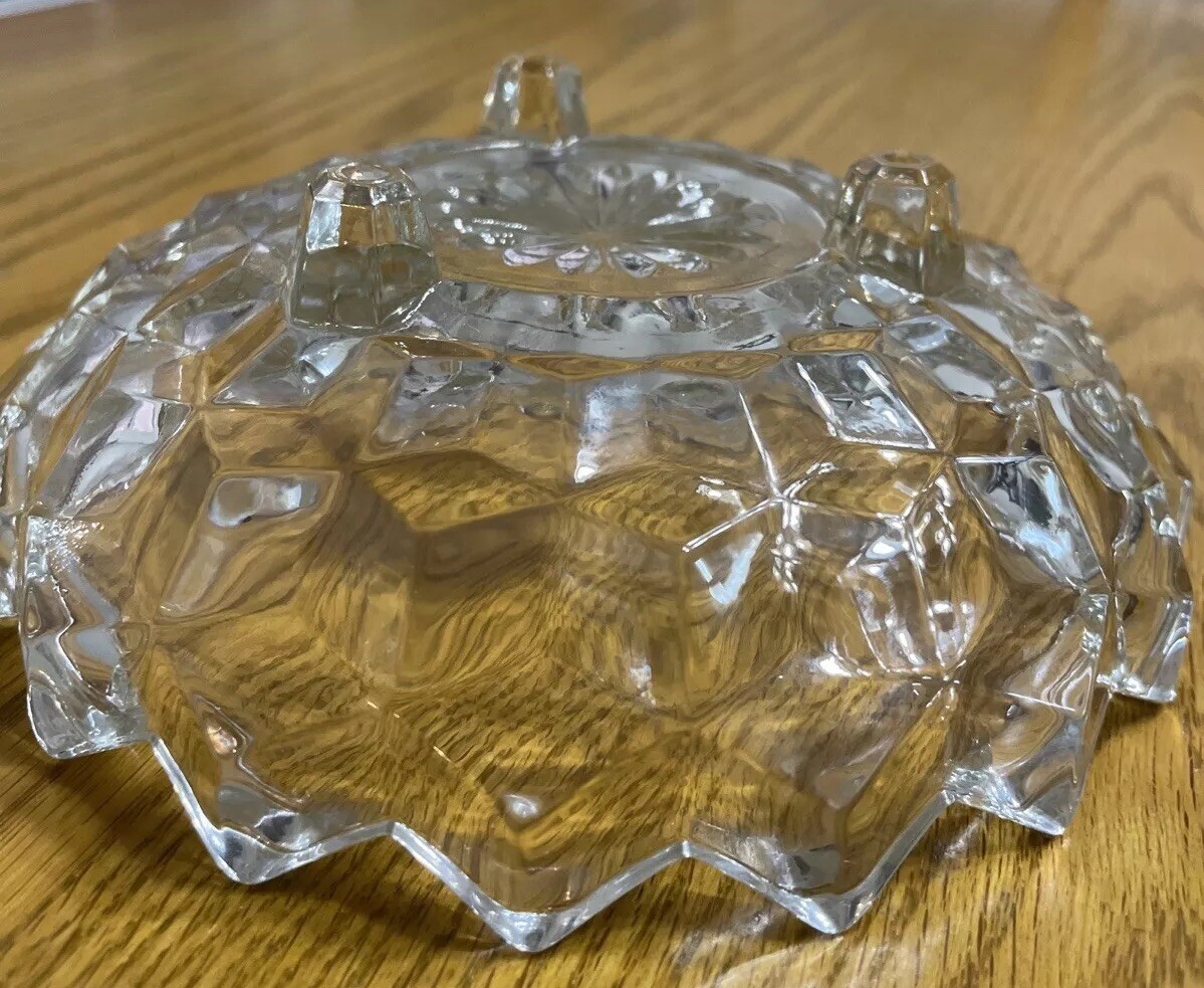 Vintage Footed Clear Glass EAPC Candy Dish Starburst Bottom Sawtooth Edge 6.5 in