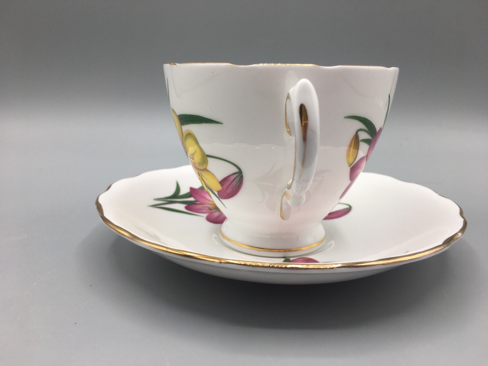 Royal Vale Bone China Lilly’s Yellow & Red Floral Teacup & Saucer Vintage