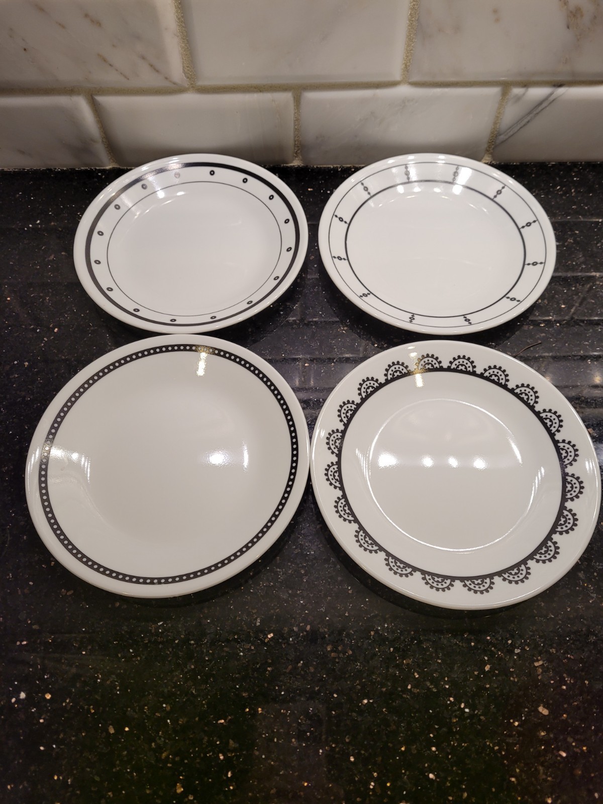Lot of 4 Corelle Vitrelle Bread & Butter Plates Black White Mixed Pattern