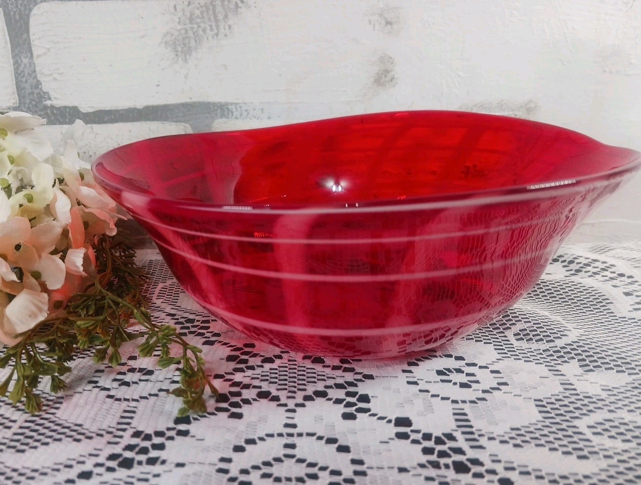 Glass Red White Swirl Hand Blown Art Glass Candy Bowl Asymmetrical Holiday Decor