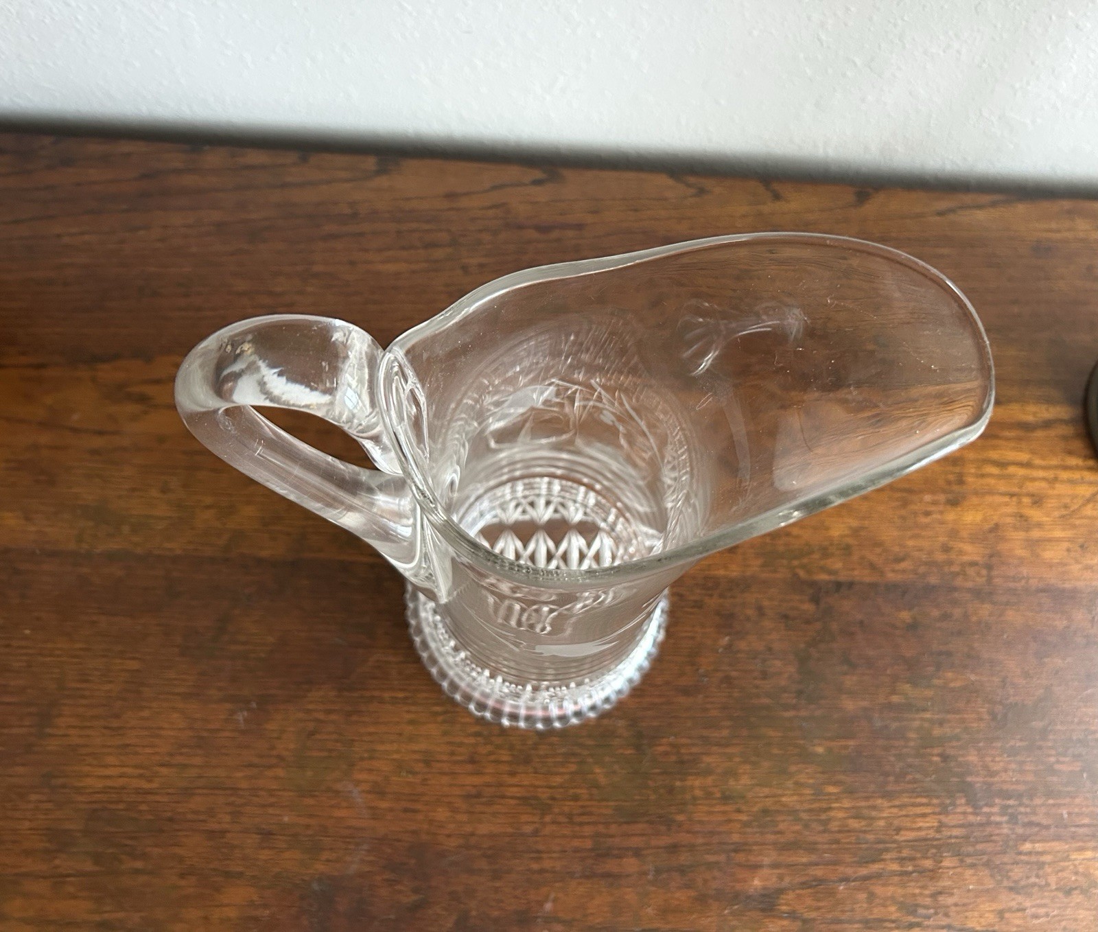Ring and Block Etched Gray Cut Antique Glass Pitcher Elegant Fine Dining