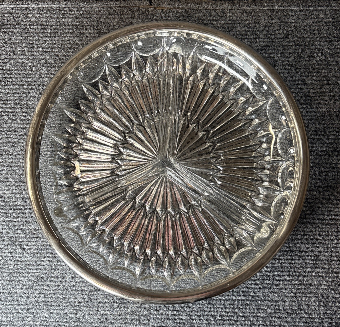 Vintage Pressed Glass 3 Part Relish Dish 9″ With Metal Band 2 1/2 Pounds
