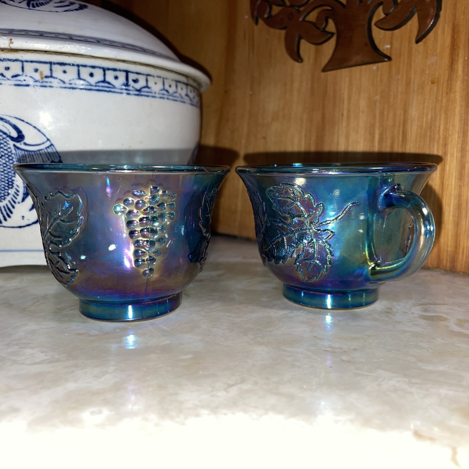 2 – Vintage Iridescent Blue Indiana Carnival Glass Grape Harvest Punch Cups