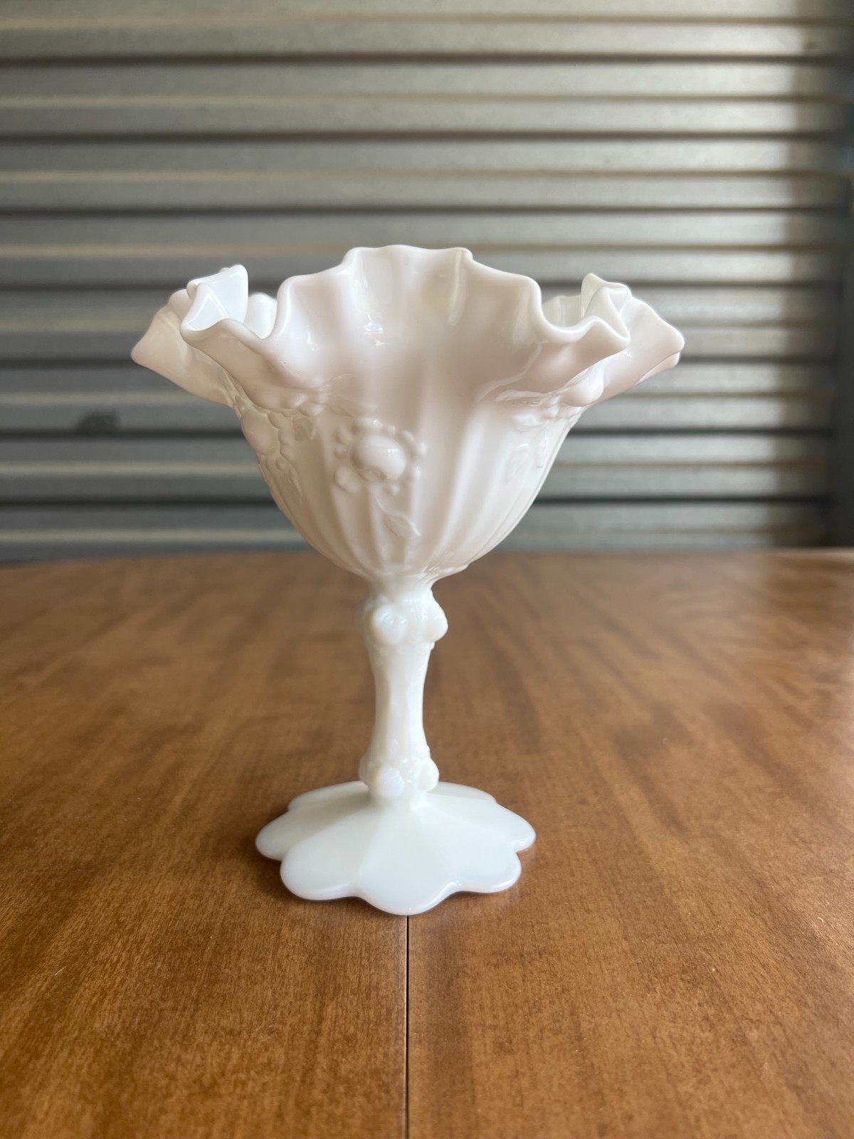 Vintage White Milk Glass Pedestal Compote Bowl Grape Pattern