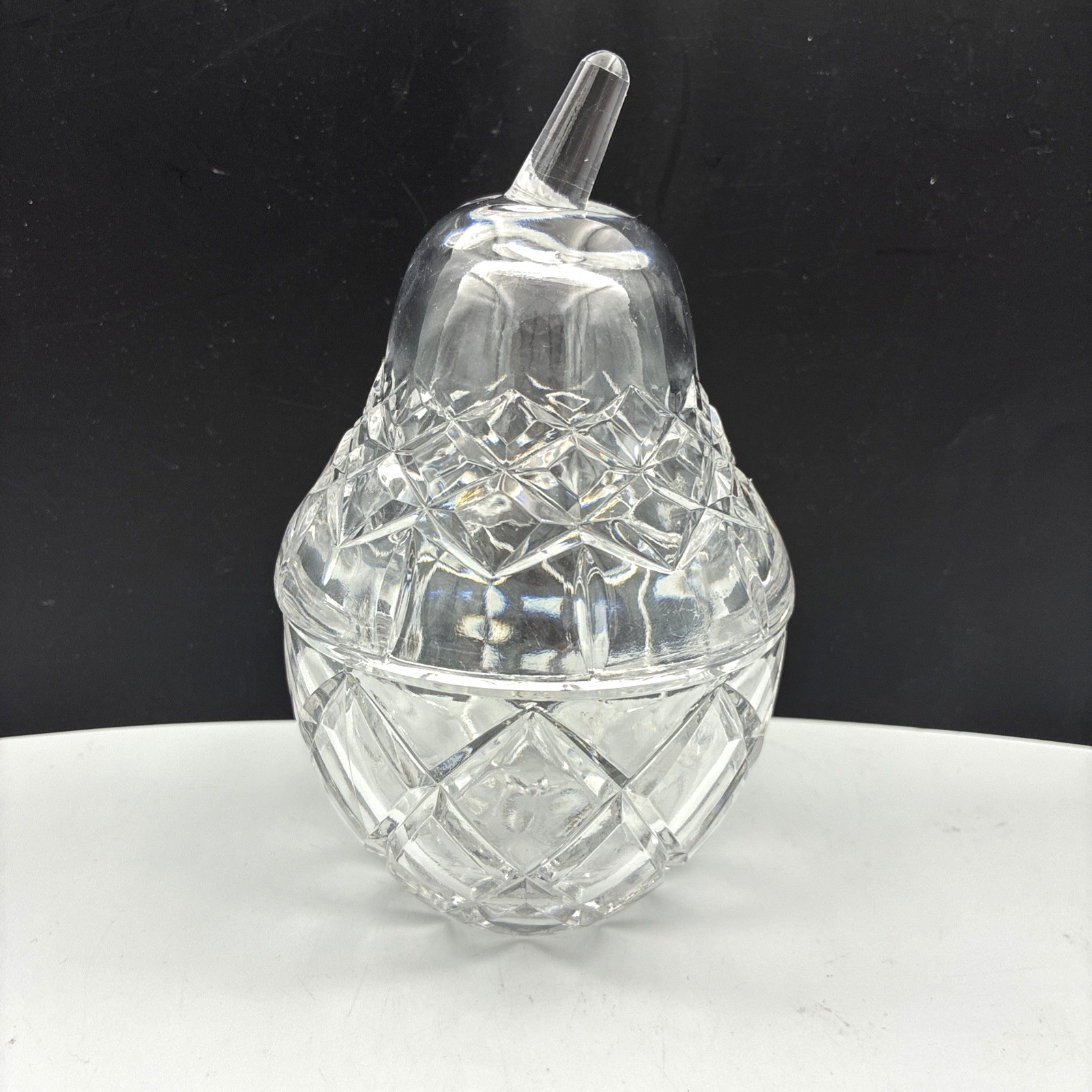 Vintage Pear Shaped Cut Crystal Glass Style Lidded Jam Candy Condiment Dish 6in