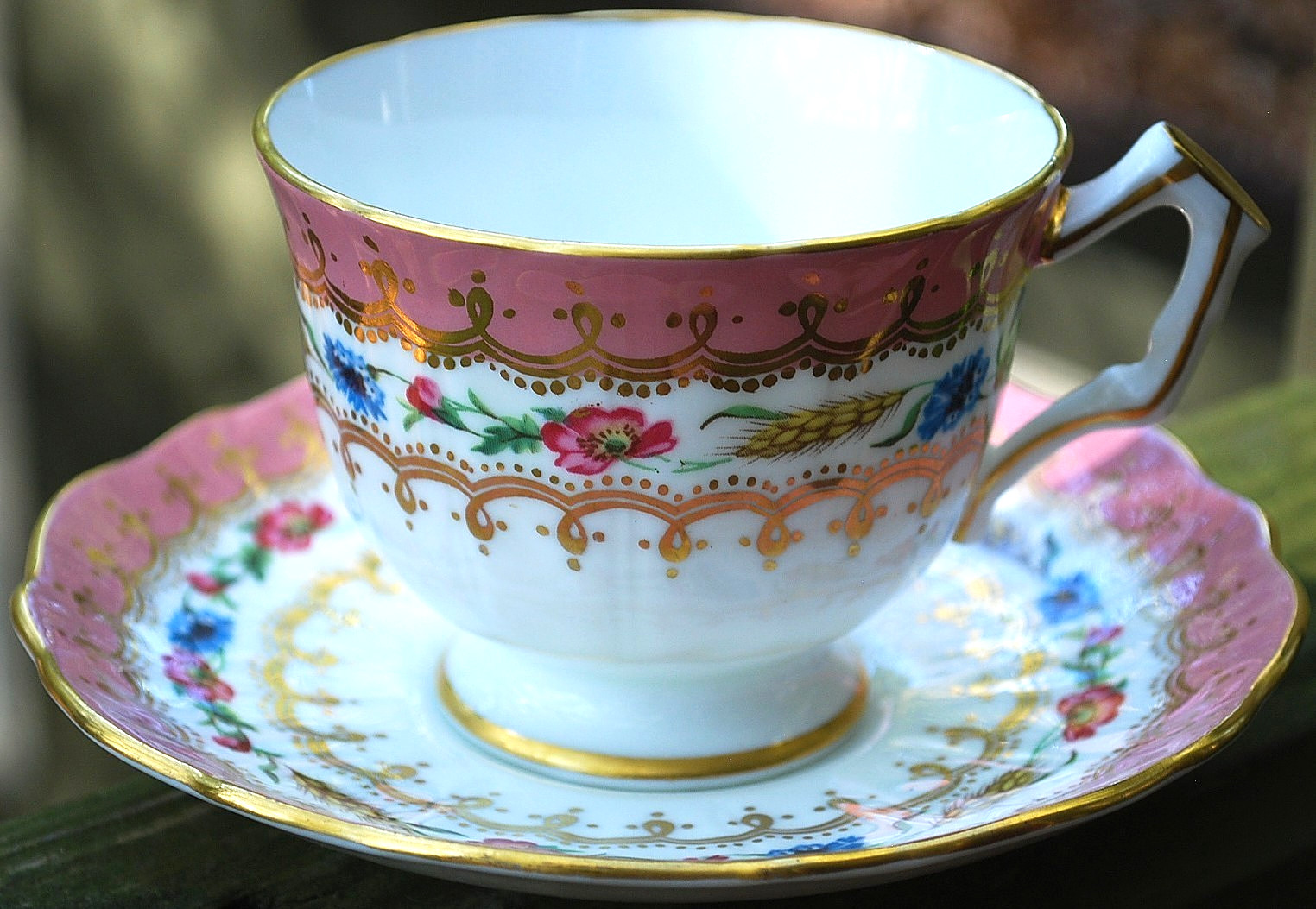 Vtg AYNSLEY ENGLAND Footed Teacup & Saucer HARVEST WHEAT/PINK FLORAL Bone China
