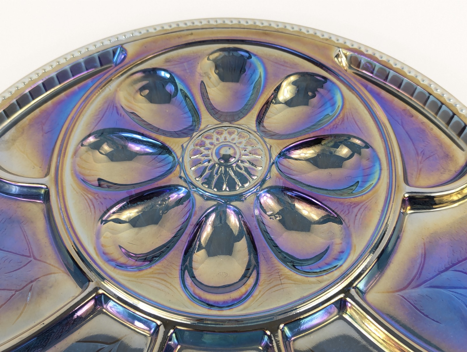 Vintage Indiana Glass Blue Carnival Deviled Egg Relish Tray Platter Iridescent