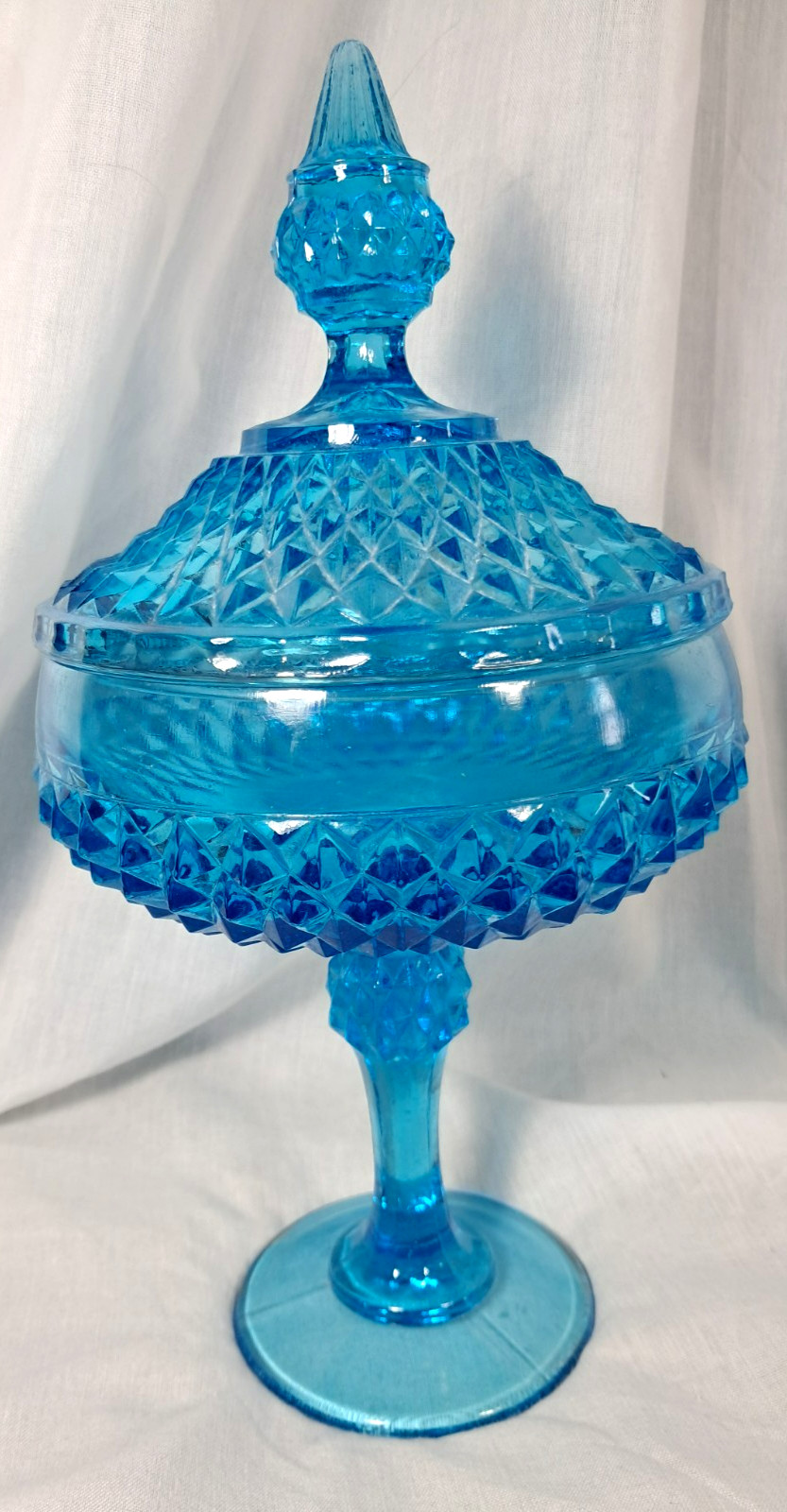 Indiana Glass Diamond Point Blue Pedestal Footed Candy Dish & Lid Depression 12”