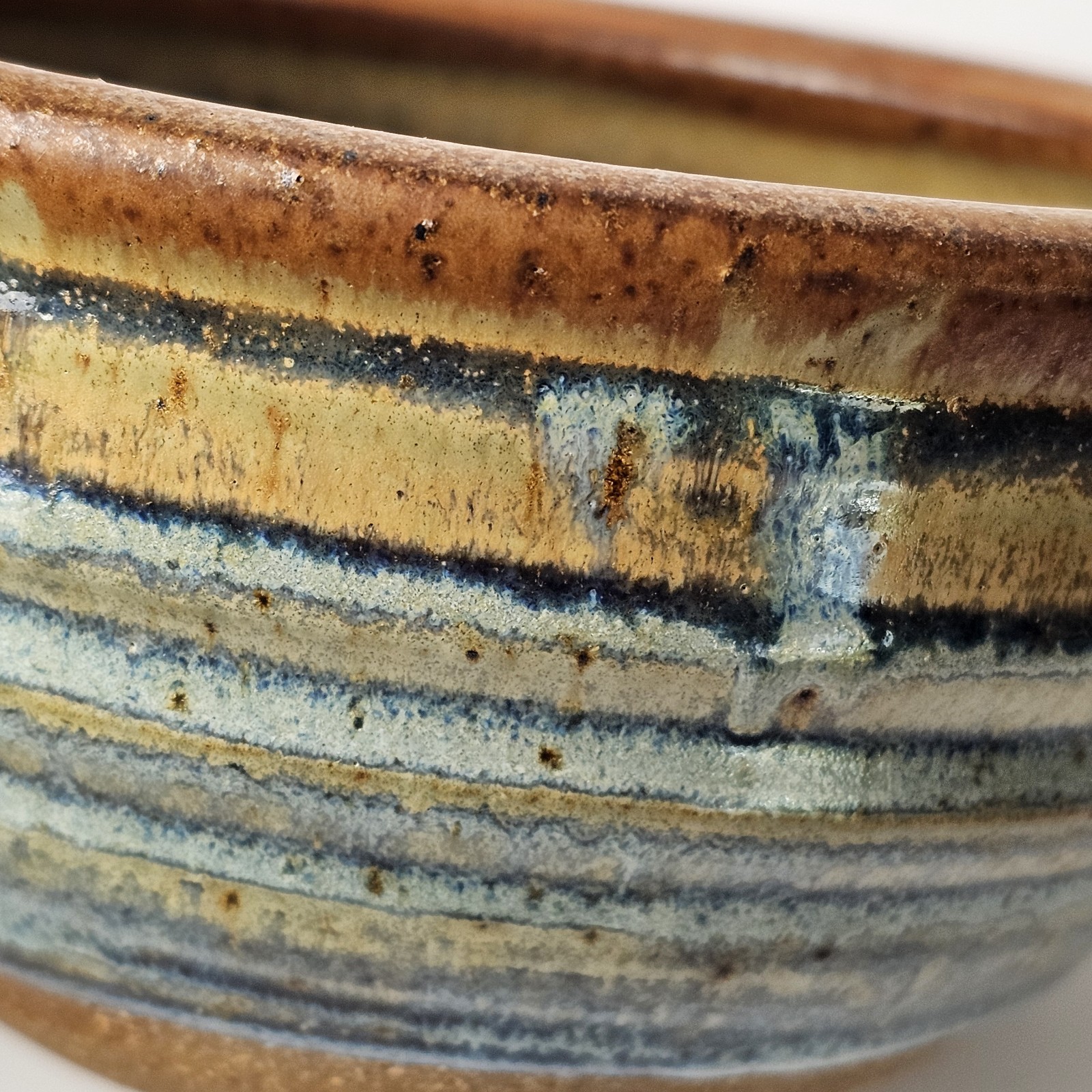 Signed Studio Art Pottery Green Brown Drip Glaze Coffee Ceramic Soup Mug 18oz