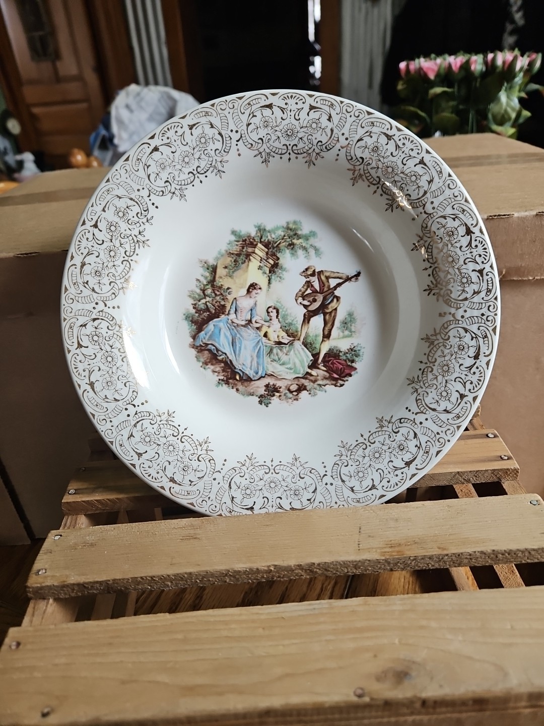 American Limoges Courting Scene Triumph China 22k Gold Trim Soup Bowl 8.25″