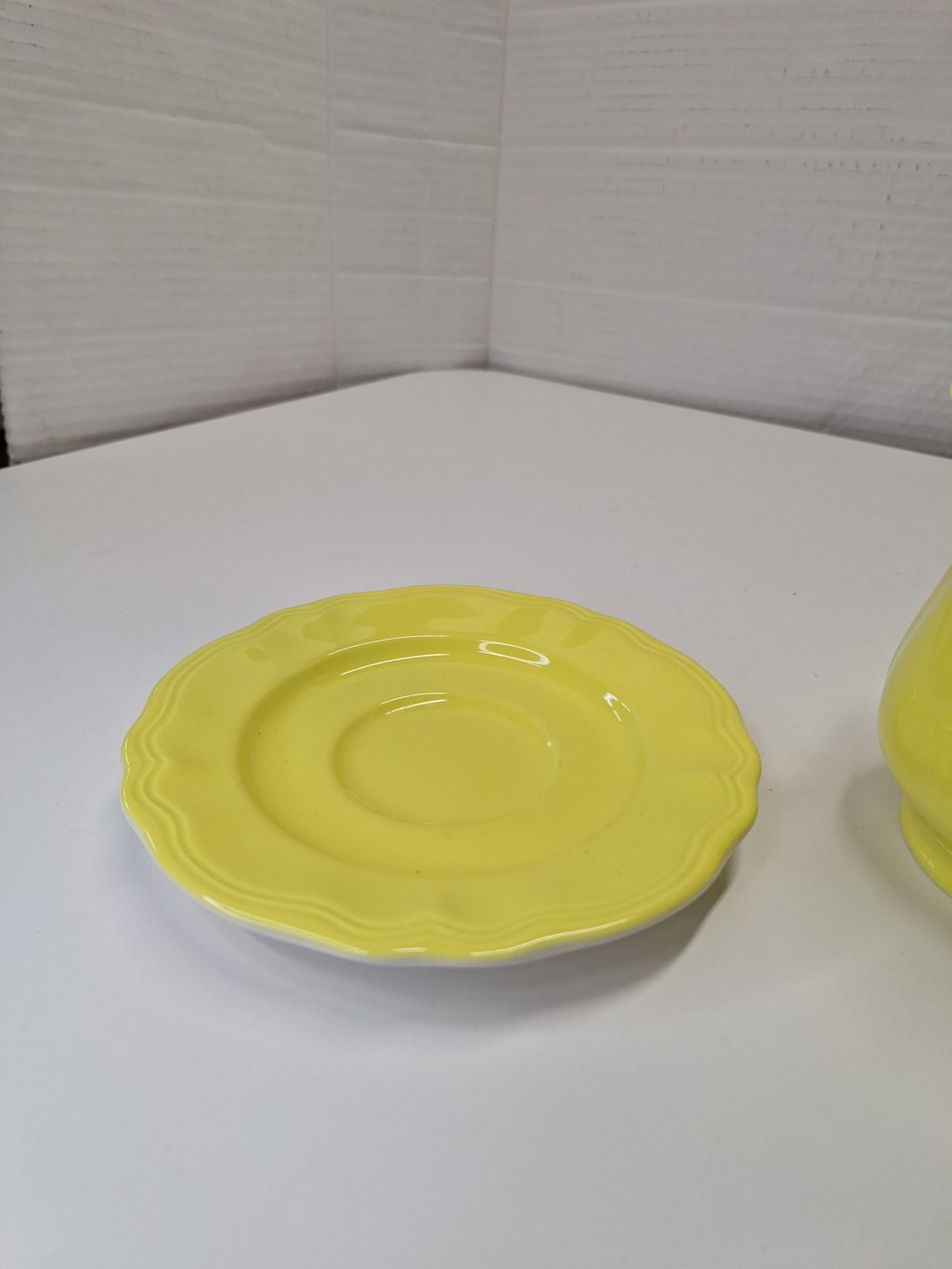 Ironstone Japan Yellow Ceramic Creamer Pitcher w Saucer Plate 4.5″H x 5.5″W