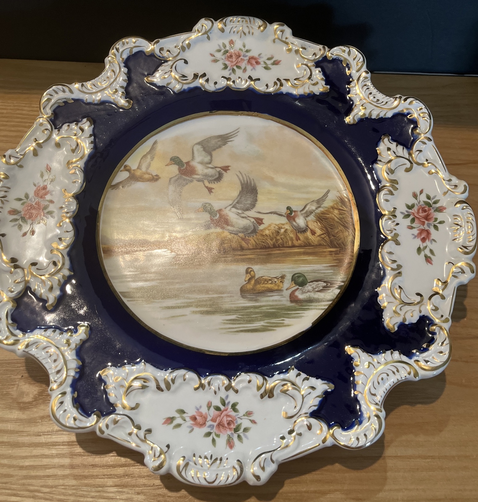 Racater Wall Plate Geese Ducks Fancy Edge Made In Spain Vintage MCM 13” READ