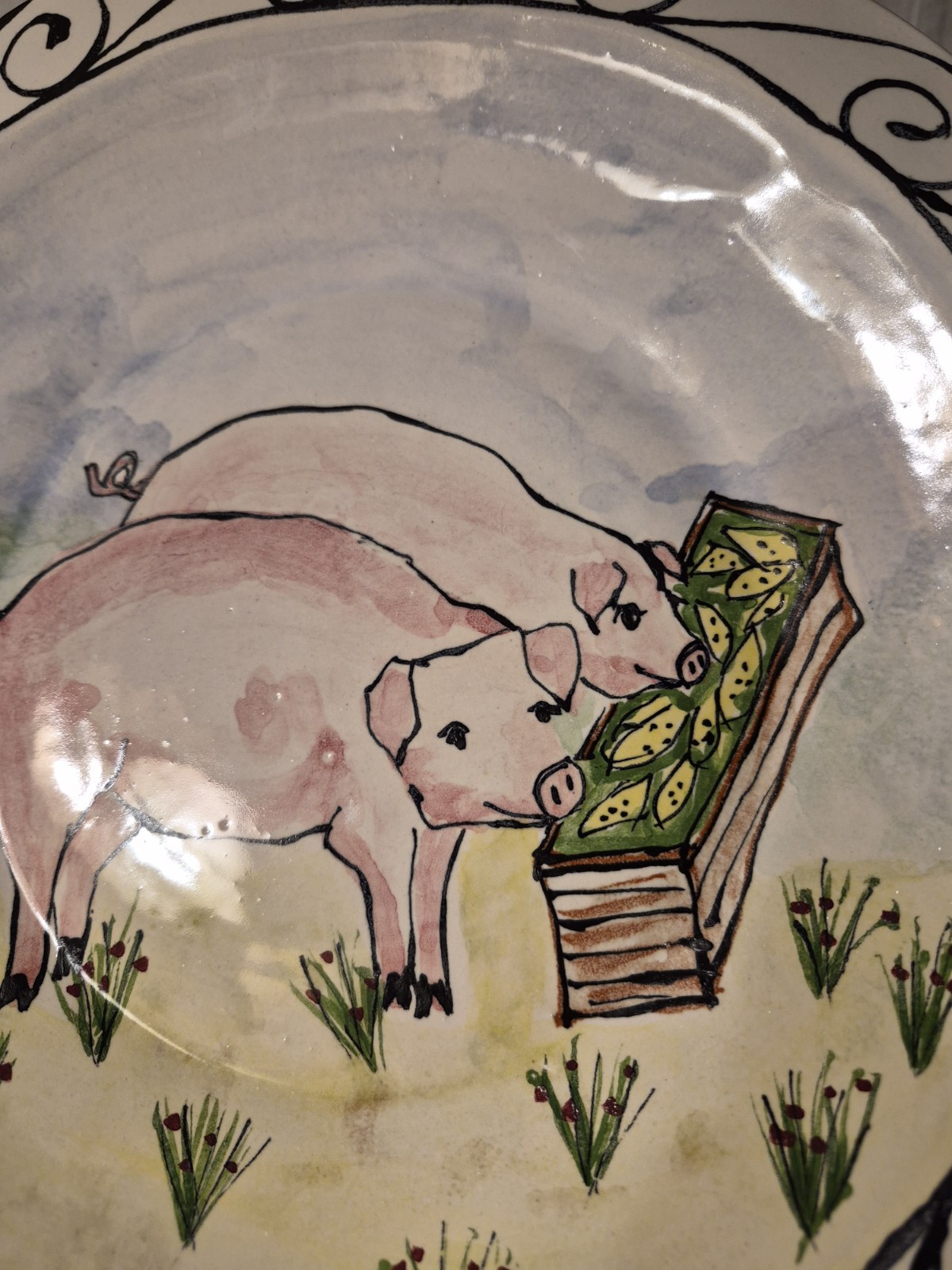 1997 Steve Hasslock 12″ Handpainted PIGS Pottery Signed Plate Farm Cottage