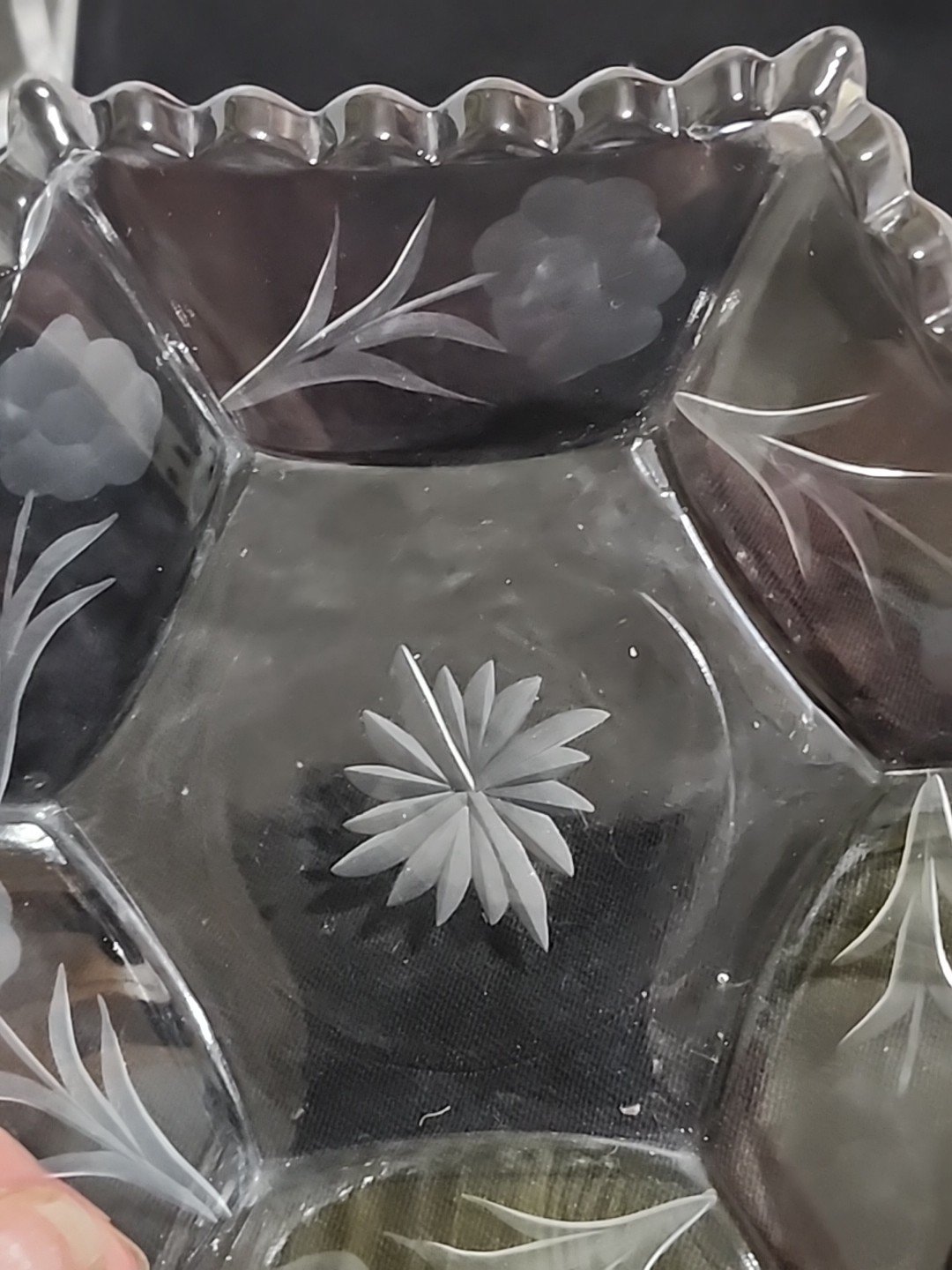 VTG FLORAL Etched GLASS Mayo Bowl Set Ladle Underplate SCALLOPED Hexagon Nice