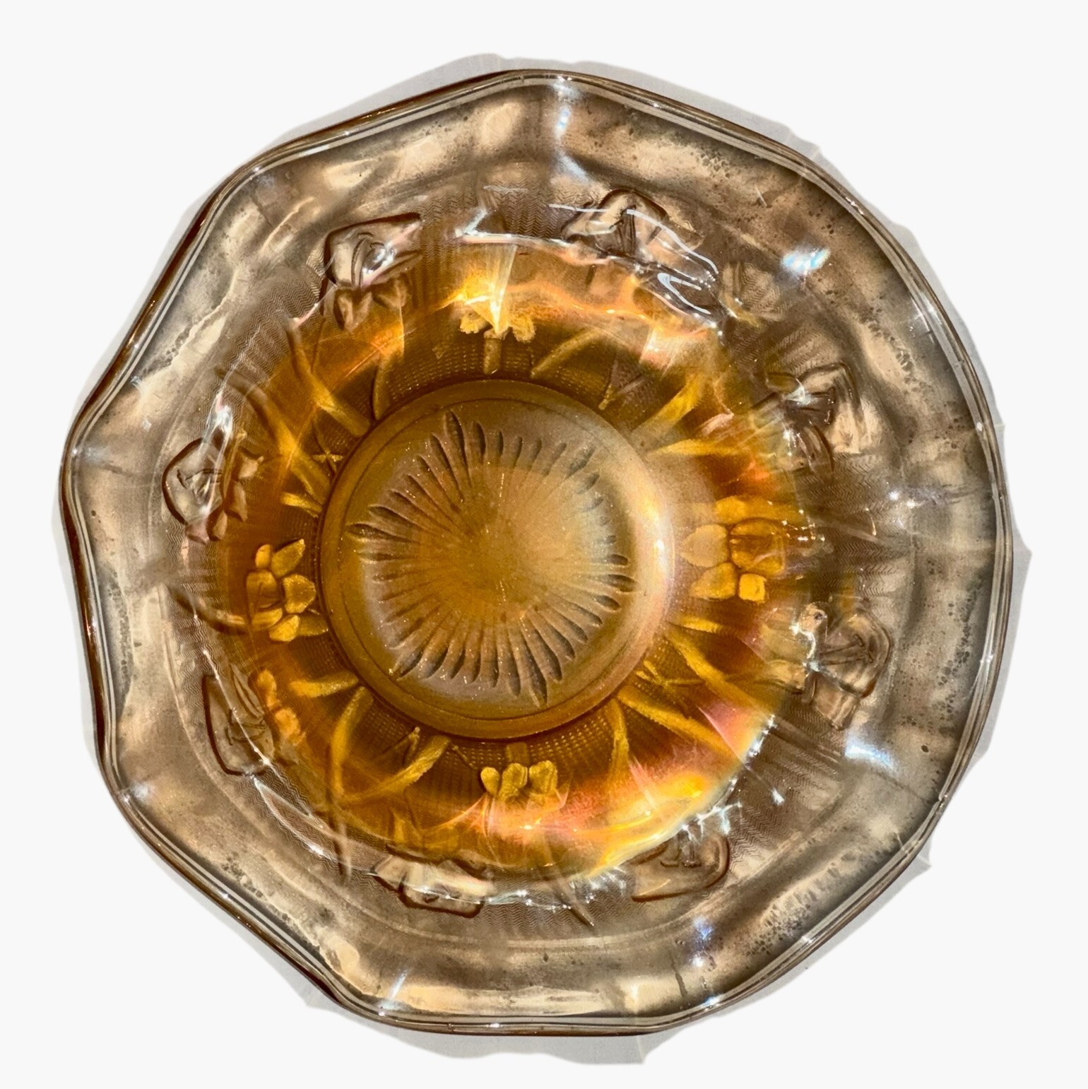 Jeanette Glass Iris and Herringbone Marigold Carnival Iridescent 9.5″ Bowl
