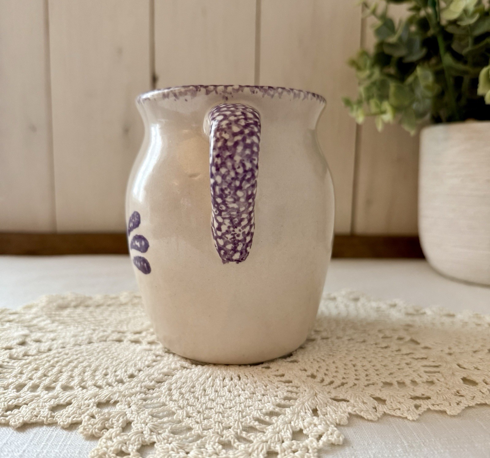 Vintage Blue Heart Spongeware Stoneware Creamer – Country Cottage Pitcher