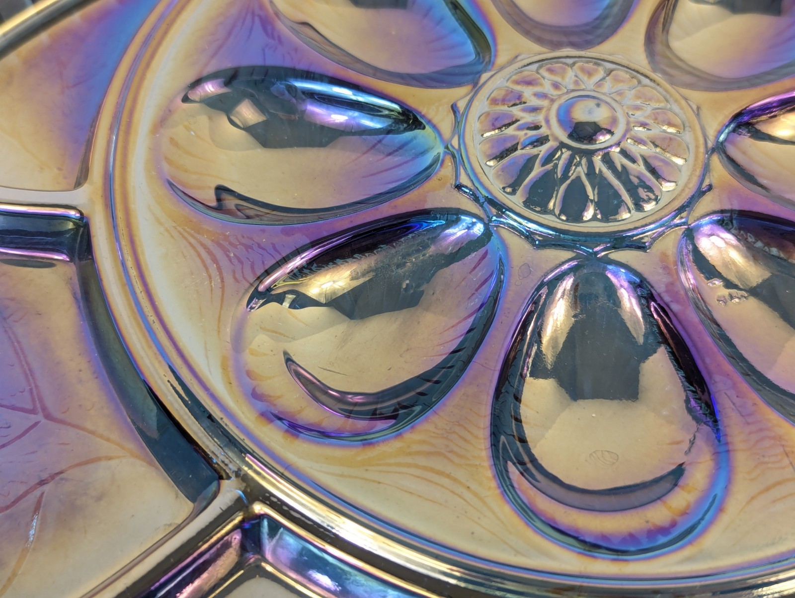 Vintage Indiana Glass Blue Carnival Deviled Egg Relish Tray Platter Iridescent