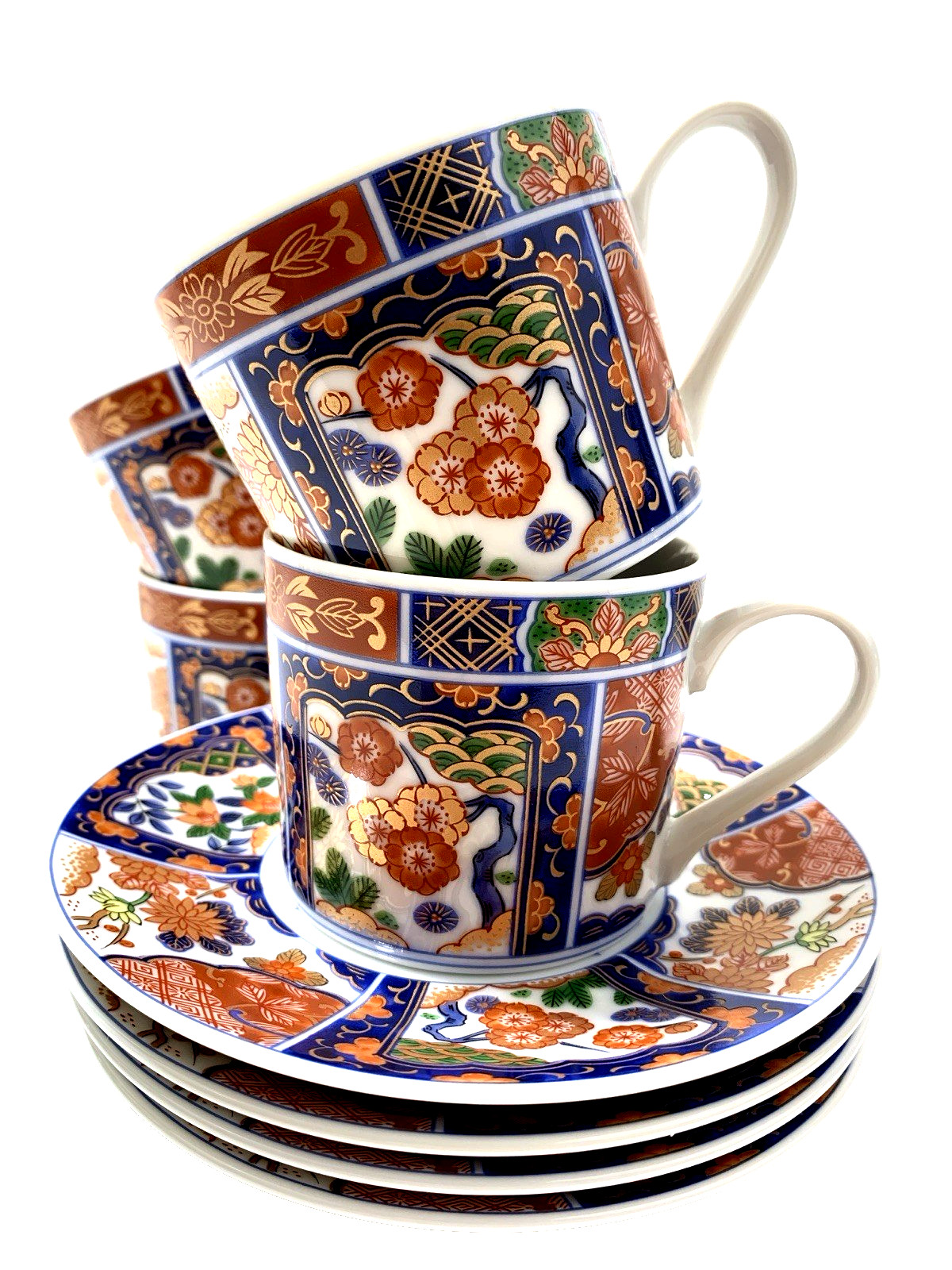 GUMPS KARAKUSA IMARI SET 4 COFFEE TEA CUP&SAUCER 2 SETS AVAIL RED BLU GREN GILT