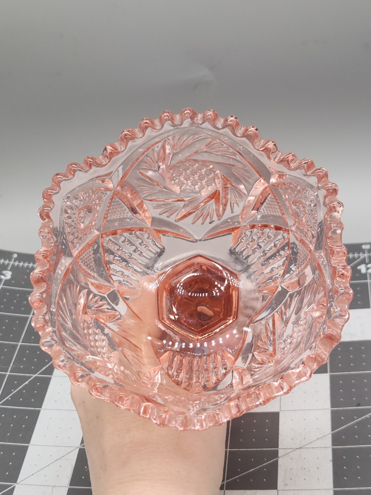 Aztec Heritage Carnival Glass Whirling Star Pedestal Compote Sawtooth Rim Pink