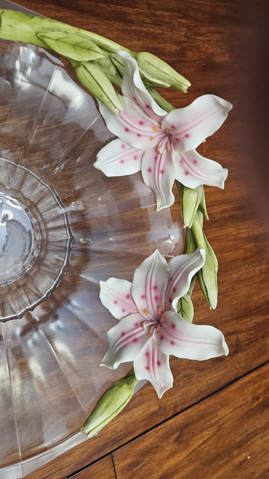 Vintage Floral Centerpiece Glass Pedestal Bowl & Matching Porcelain Lily Candle