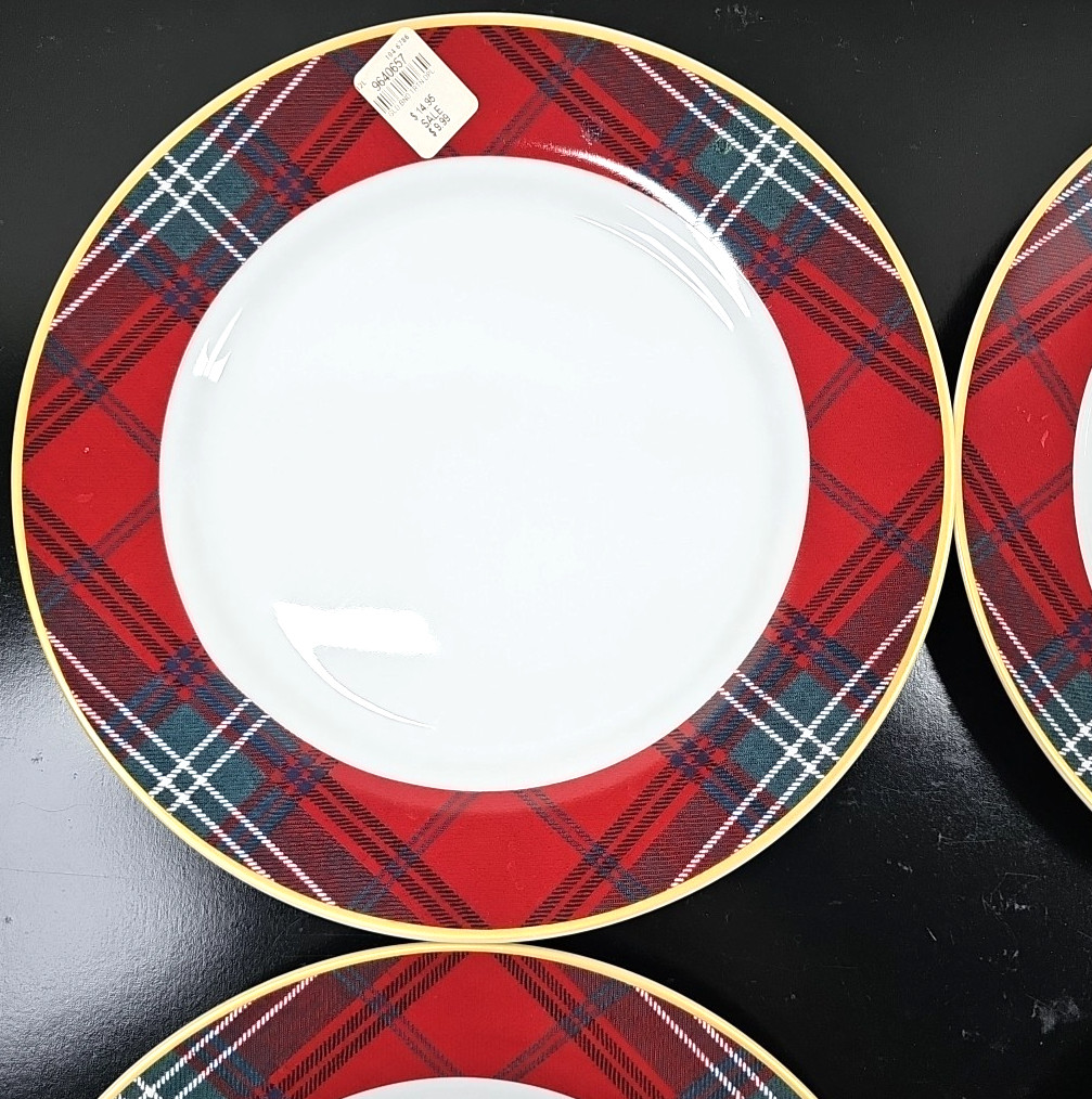 4) Williams Sonoma Gold Banded Tartan Dinner Plates Set Plaid Serving Dishes Lot