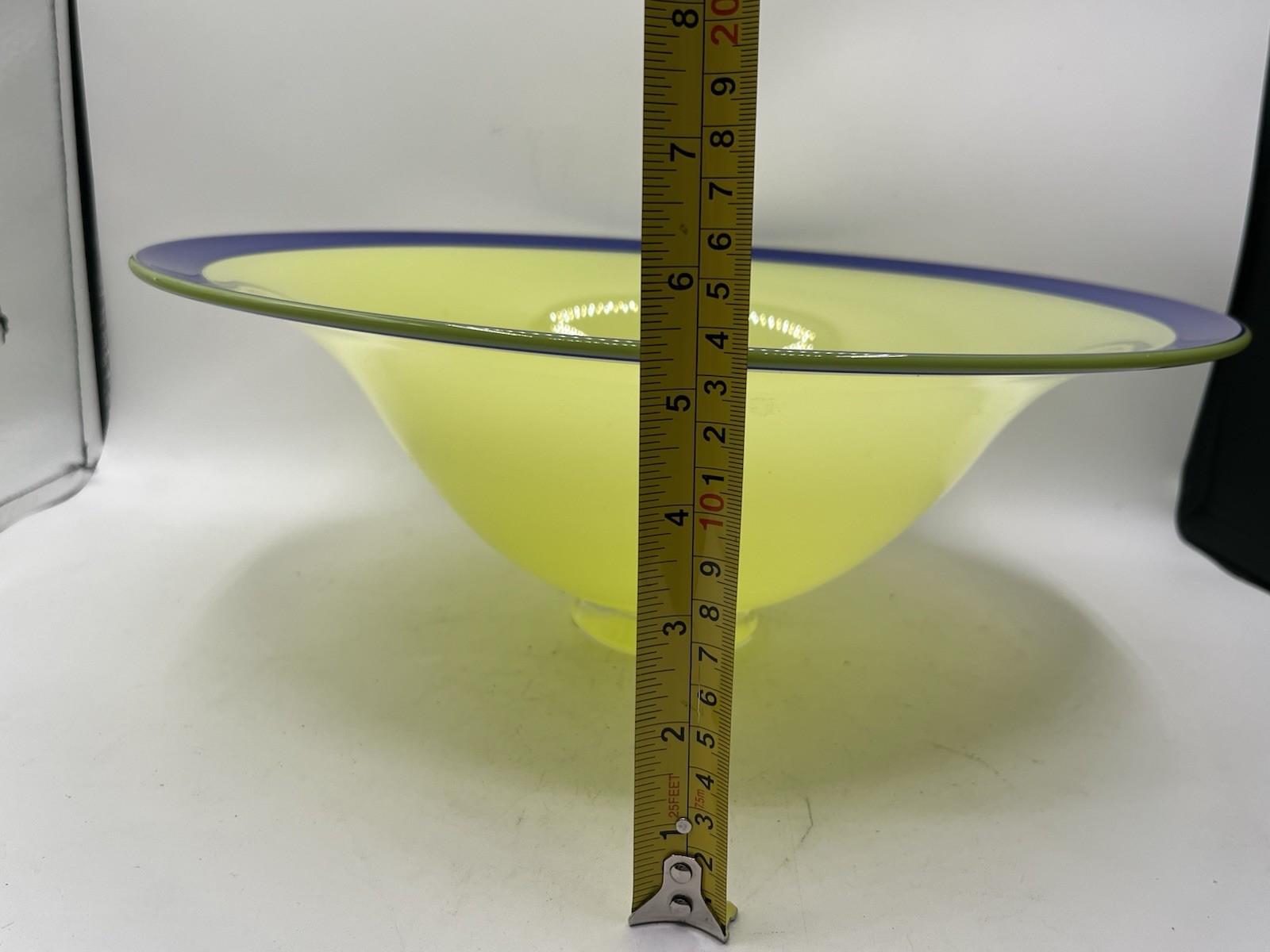 Erik Eiserling 1997 SEA Glasbruk Yellow Lime Art Glass Bowl With Cobalt Blue Rim
