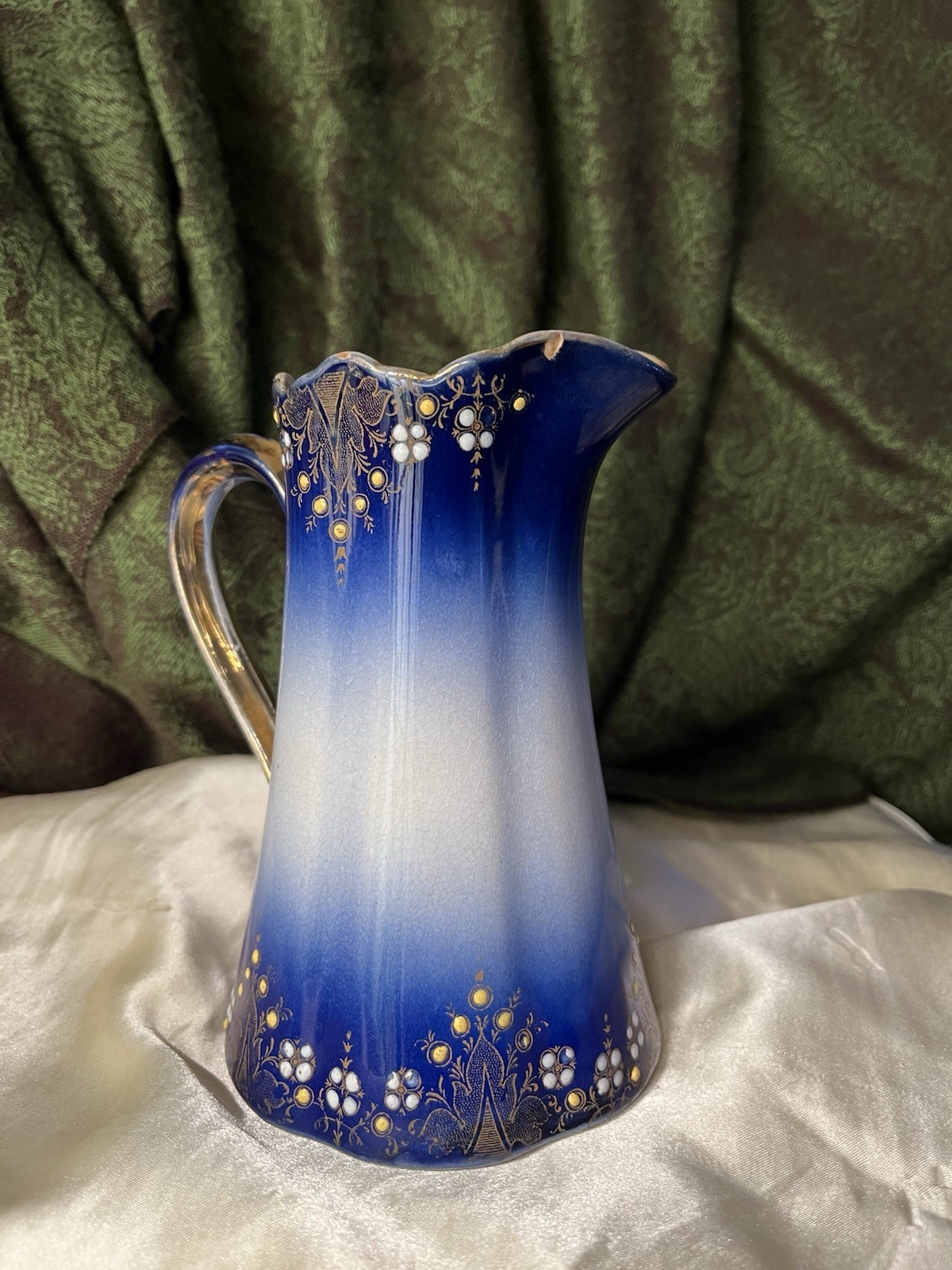K et G Lunéville Blue White Gold Ceramic Floral Decorative Pitcher France