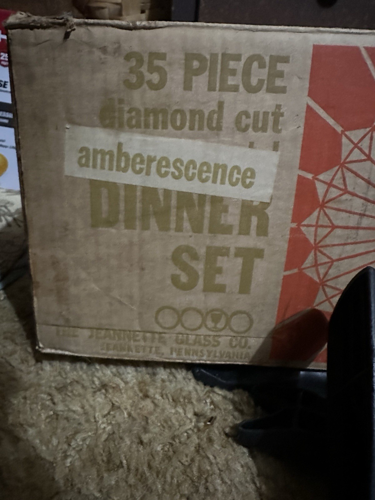Jeannette Glass Co Amberescense 35 Pc Dinner Set Antique 1960s Original Box