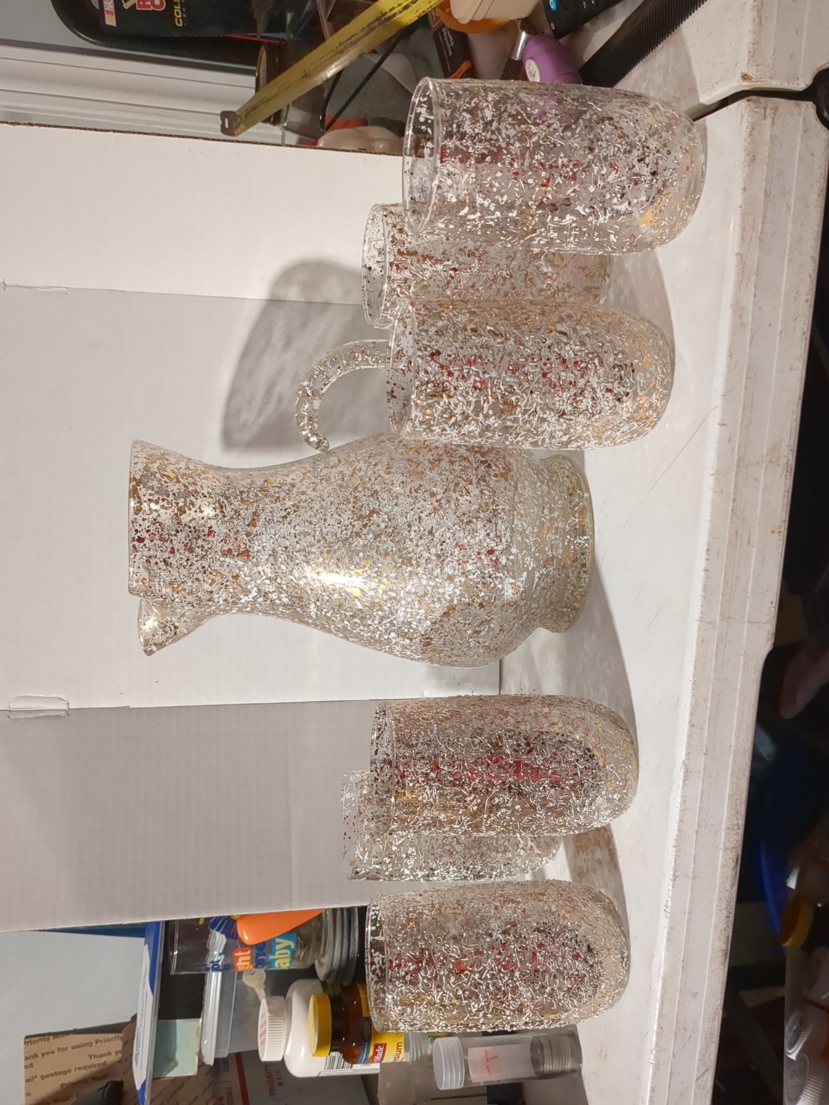 Vintage West Virginia Glass Co. Pitchers W/6 Glasses Gold Splatter Textured MCM