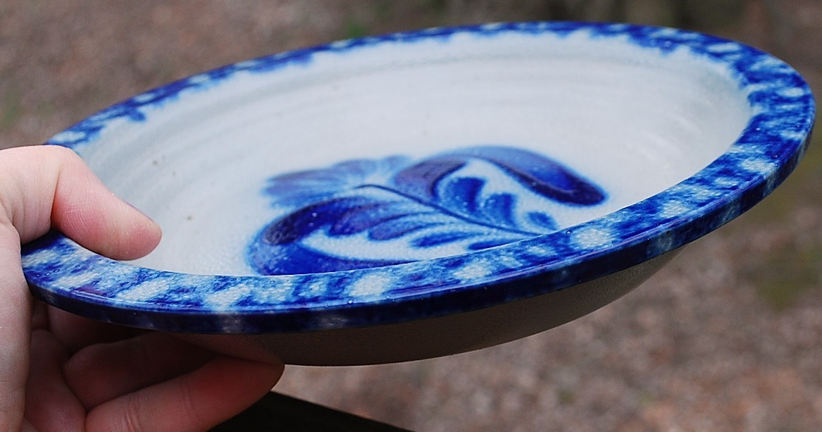 Vtg Studio Handcrafted FOLK ART Pottery Dish/Plate BLUE SALT GLAZE Signed Dated