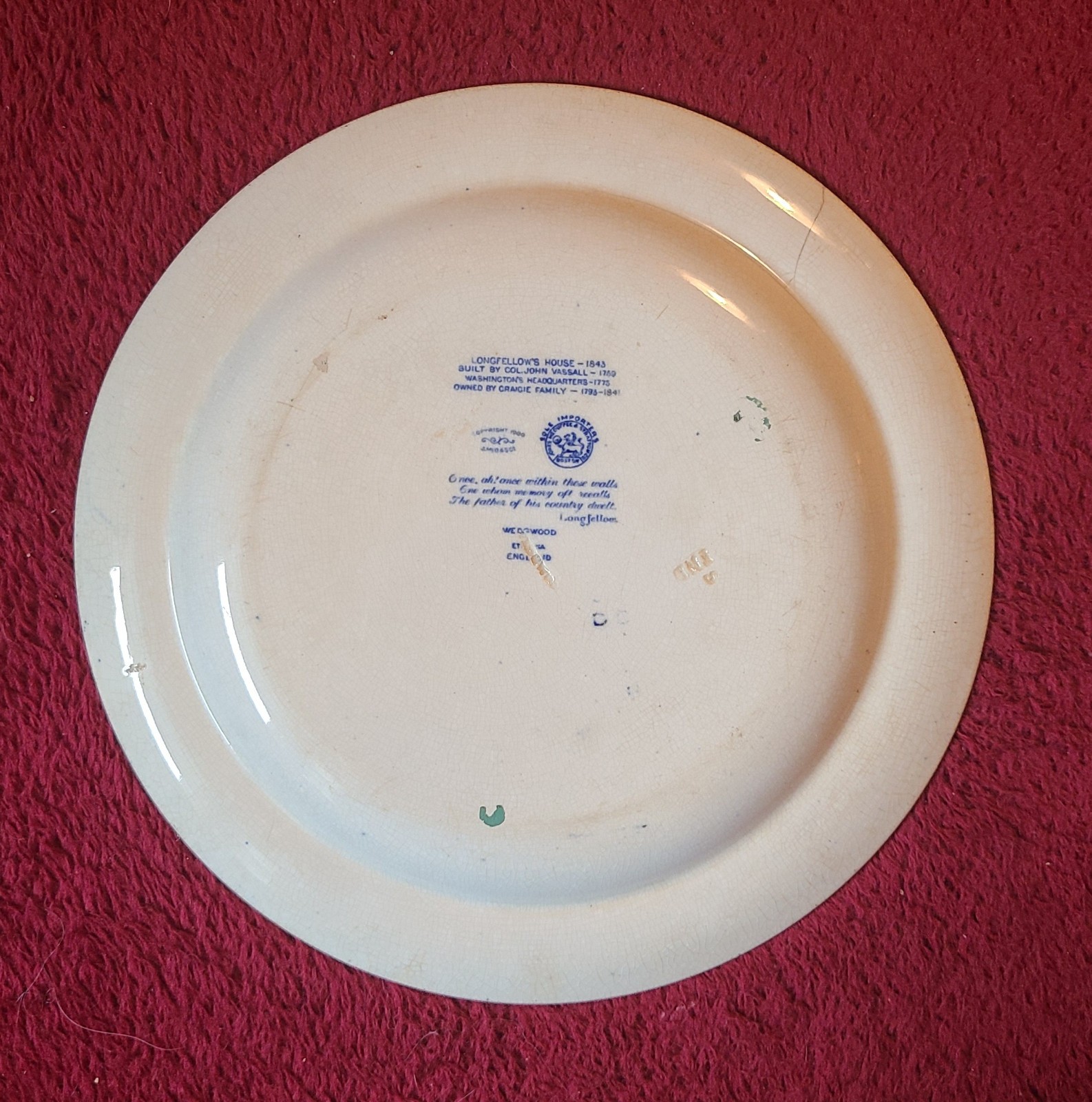 Longfellow’s Early Home – Cambridge MA – Wedgwood Roll Edge 9” Plate